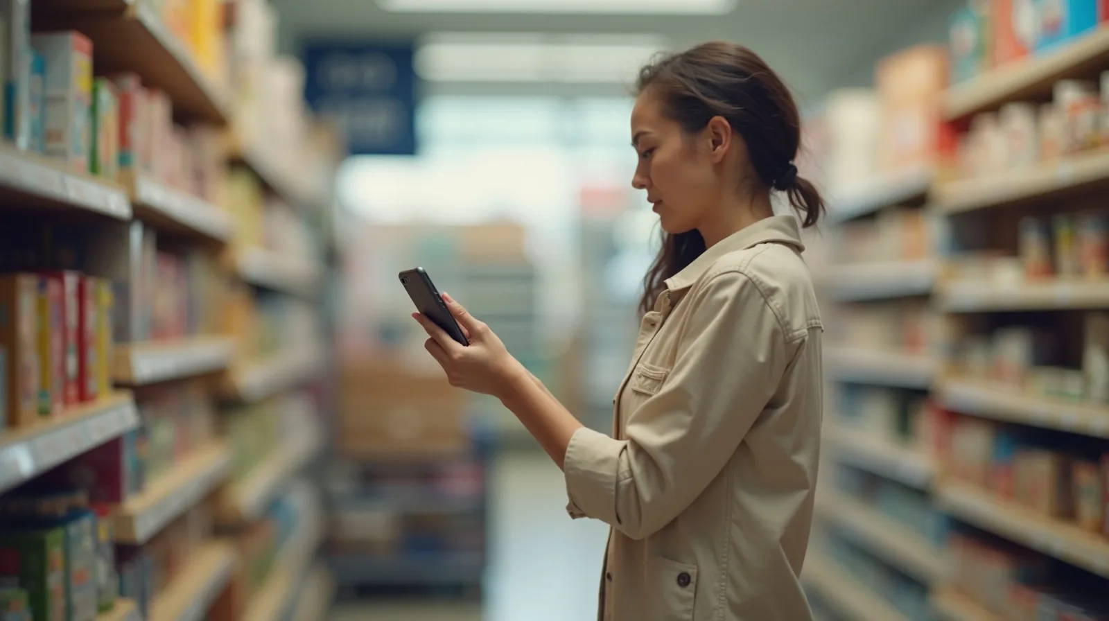 A shopper in profile in a bright store aisle holding up a phone to compare a price, a cart nearby