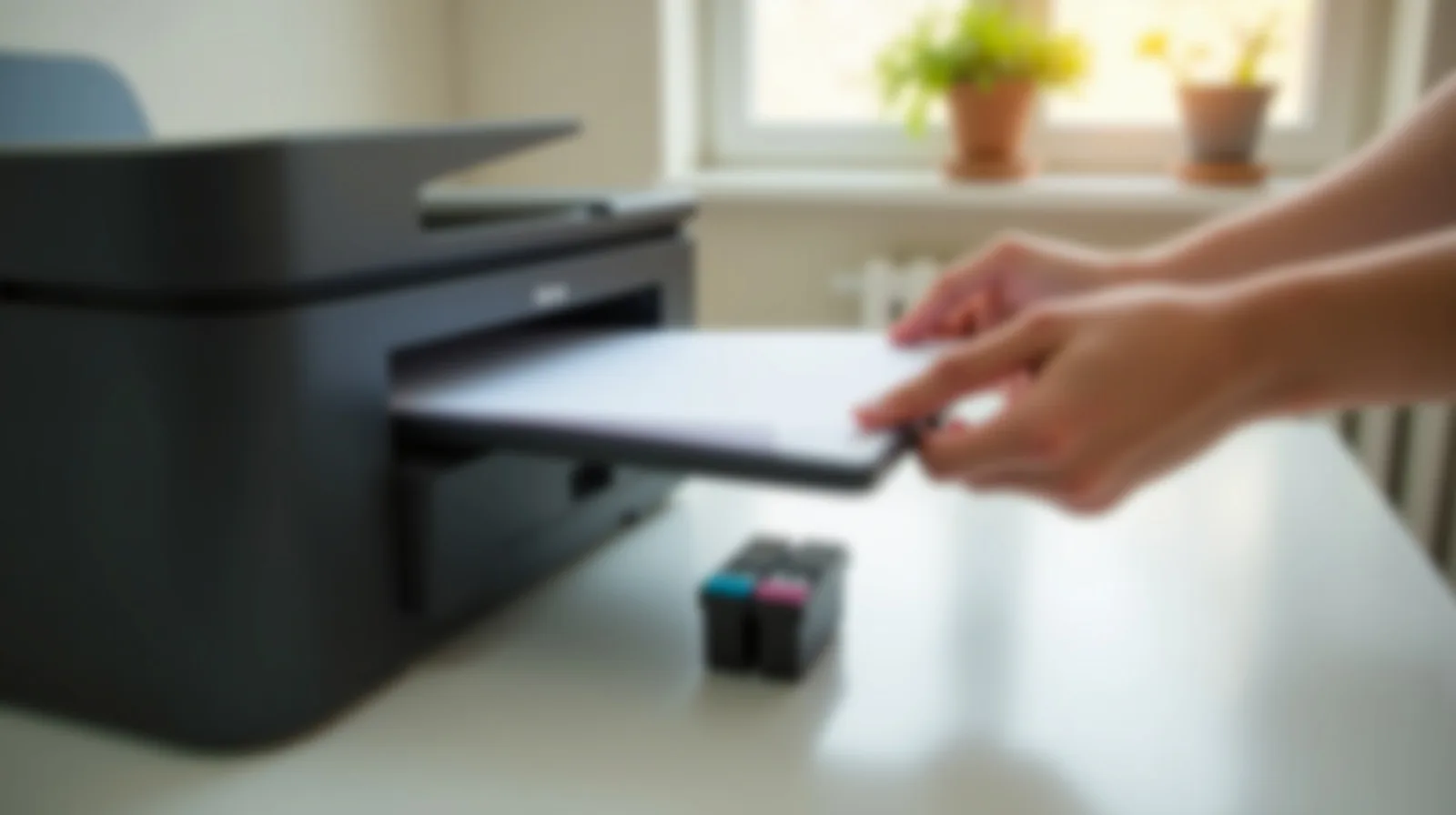 Hands sliding a paper tray into a home printer with an ink cartridge resting on the desk beside it