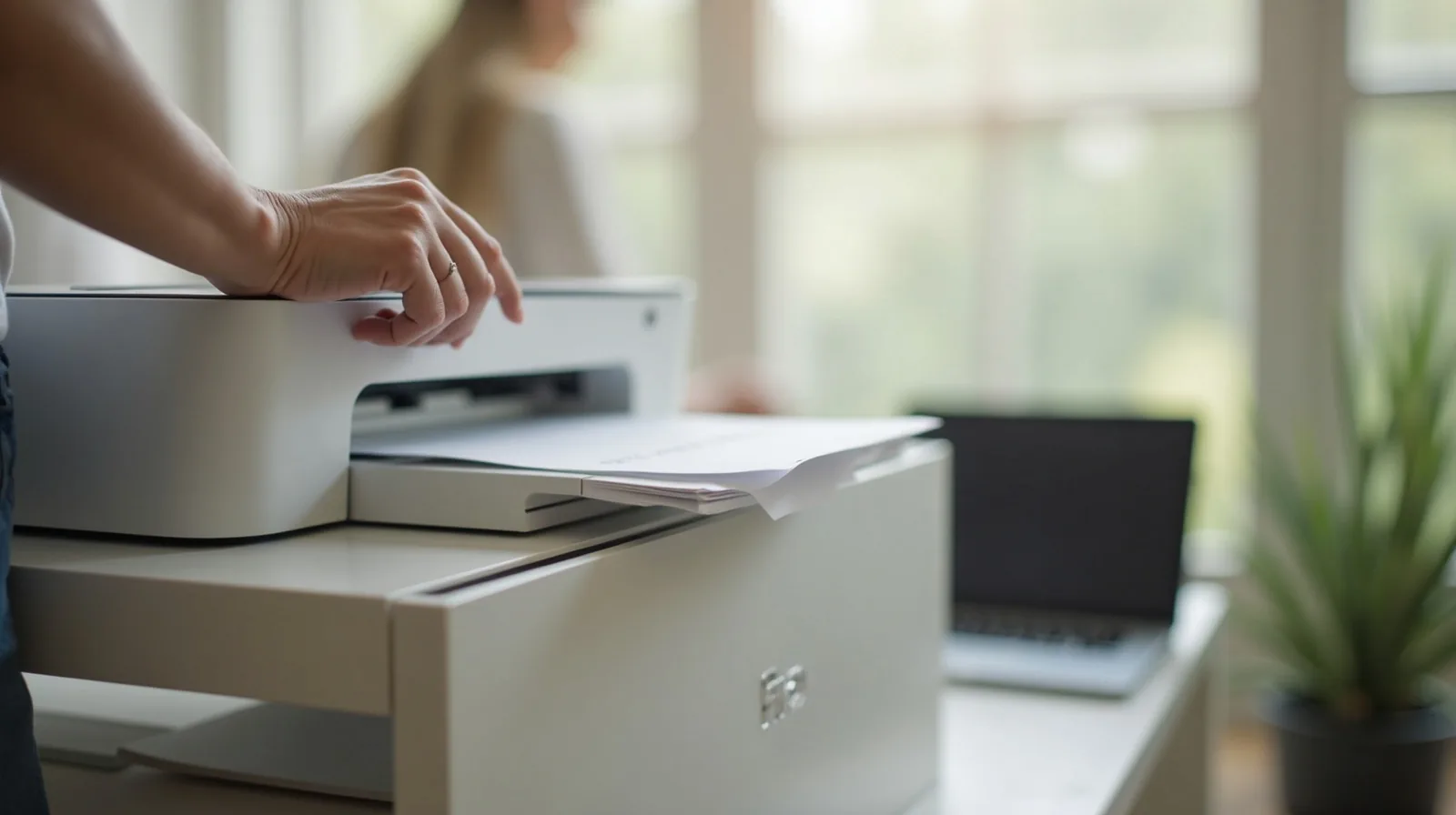 A person in profile loading a stack of paper into the tray of a home inkjet printer on a bright desk shelf