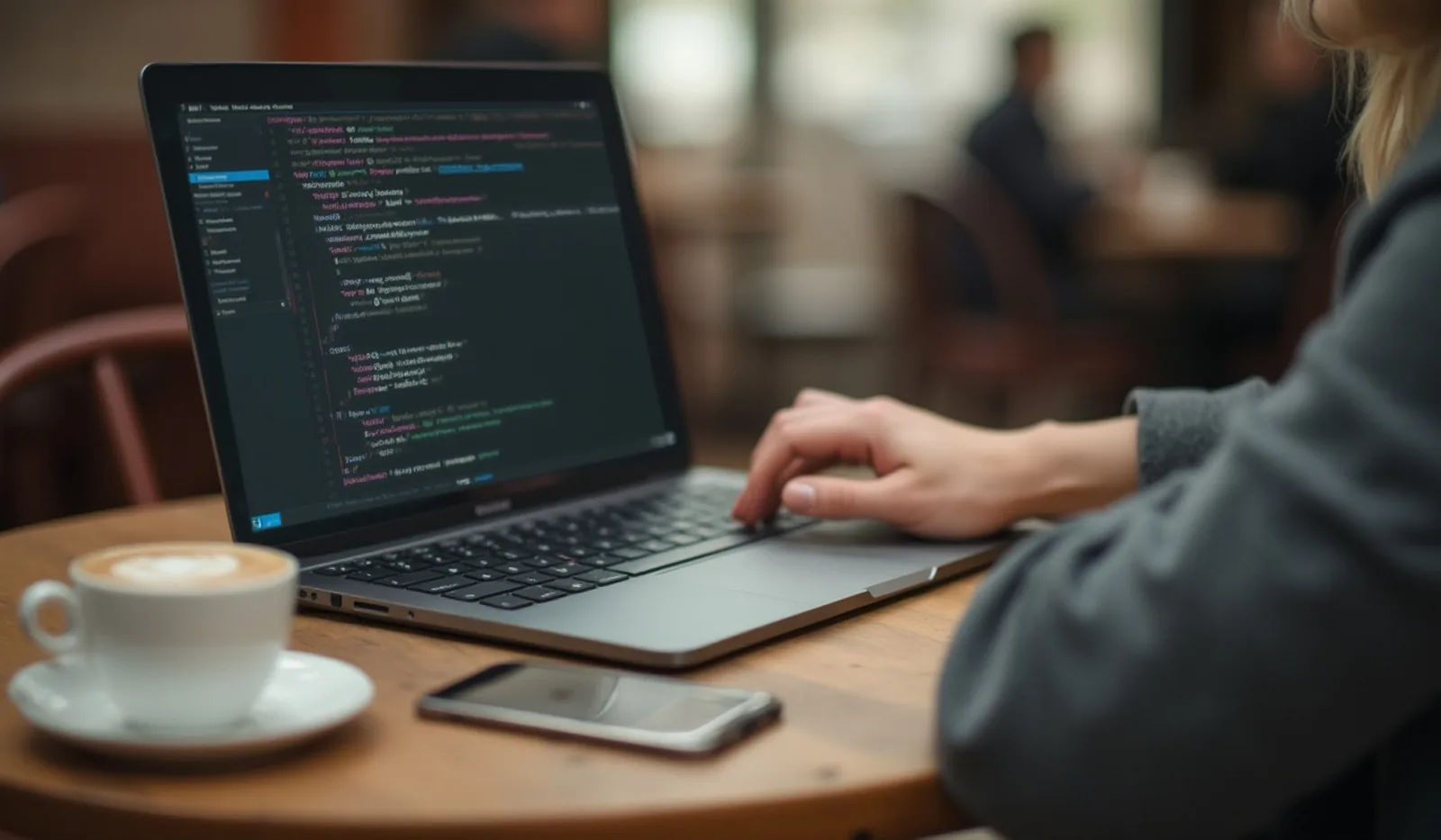 A candid photo of a laptop and coffee at a cafe table, someone connecting to Wi-Fi