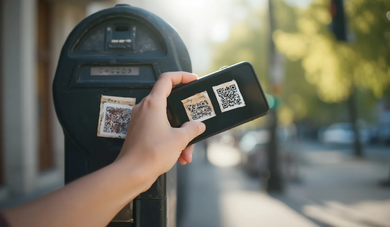 A hand holding up a phone to scan a QR code sticker taped to a parking meter, one corner peeling to reveal a second QR code sticker underneath, on a sunlit sidewalk