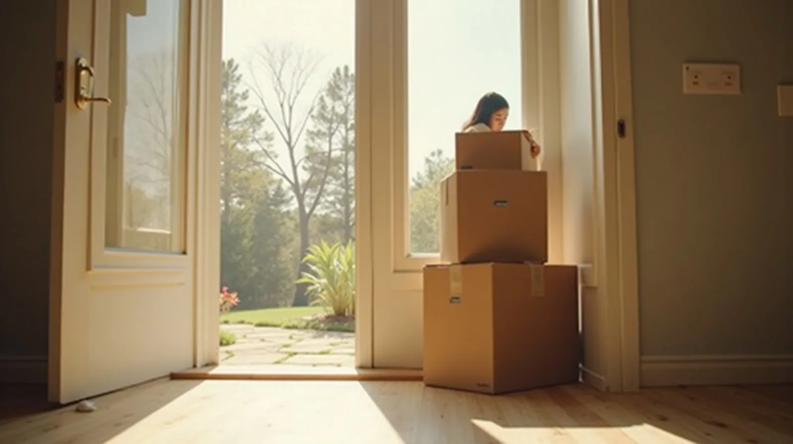 A small stack of cardboard delivery boxes just inside a bright front entryway, with a person seen in profile opening the top one