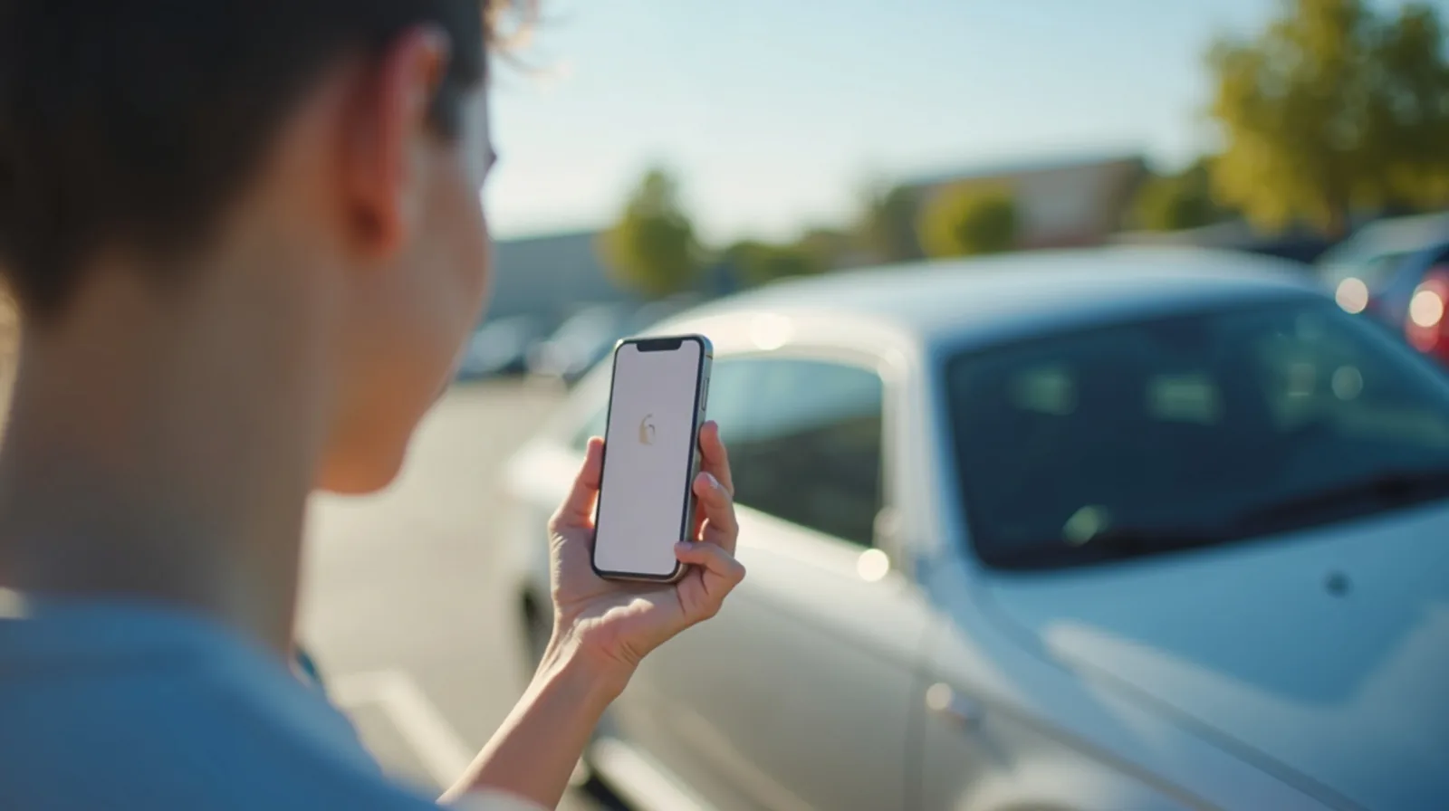 A person seen in profile photographing a small scratch on a rental car door during a walk-around inspection in a parking lot