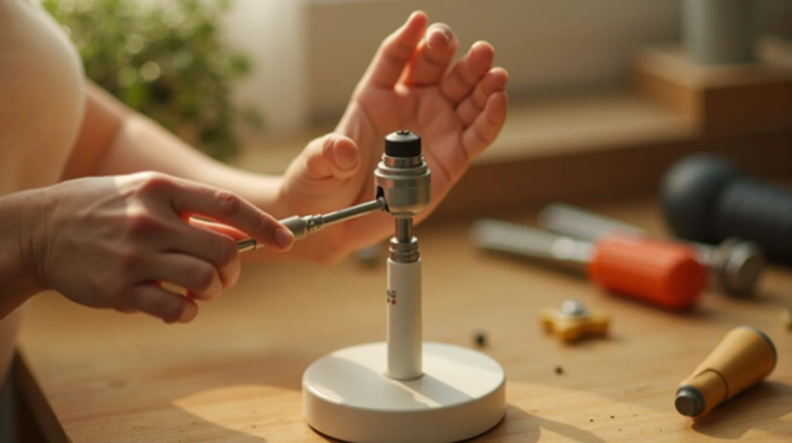 A close-up of hands opening the base of a broken table lamp with a small screwdriver on a workbench