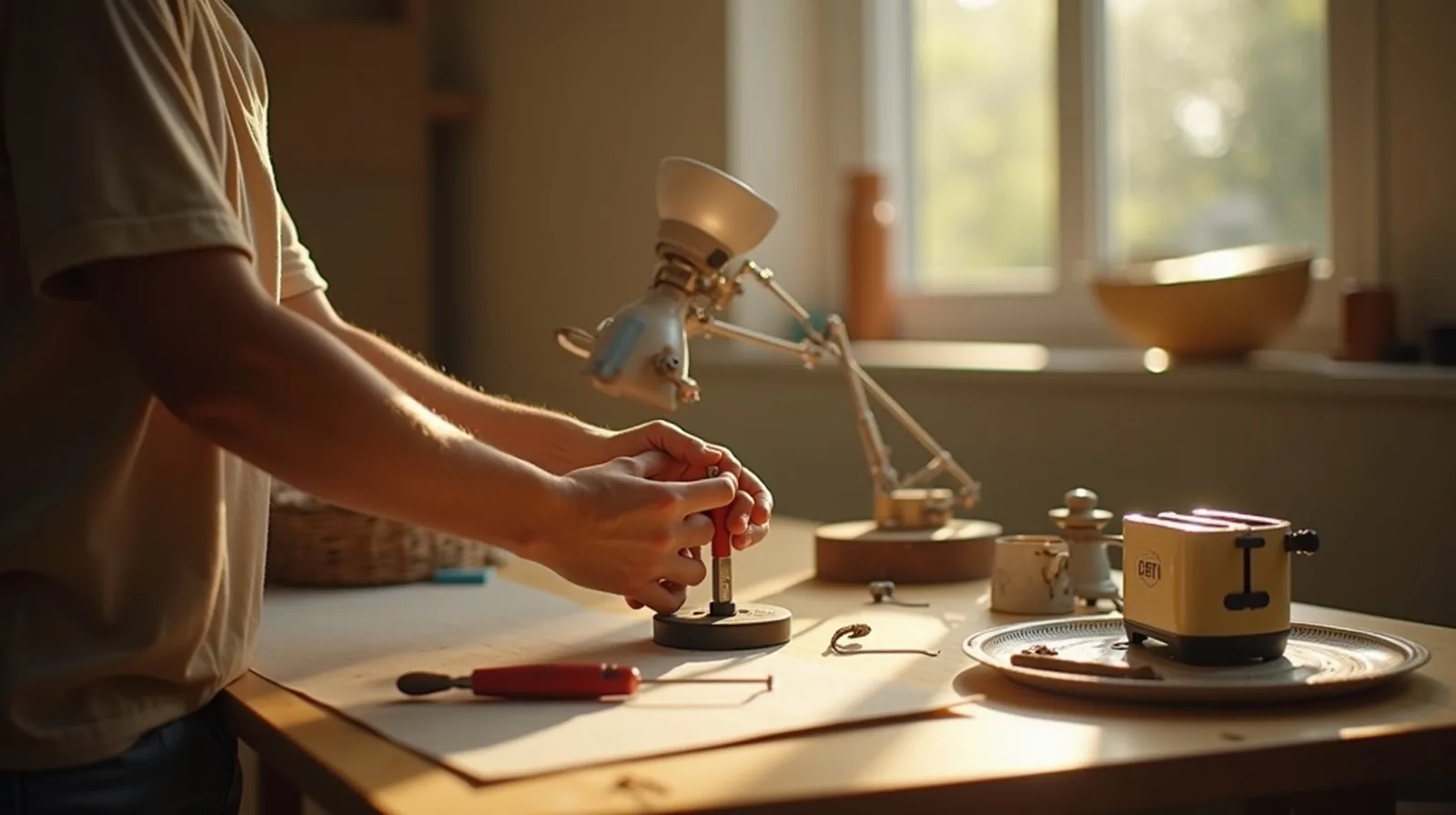 Hands fixing a small lamp at a bright workbench, a tray of tools and a broken toaster nearby