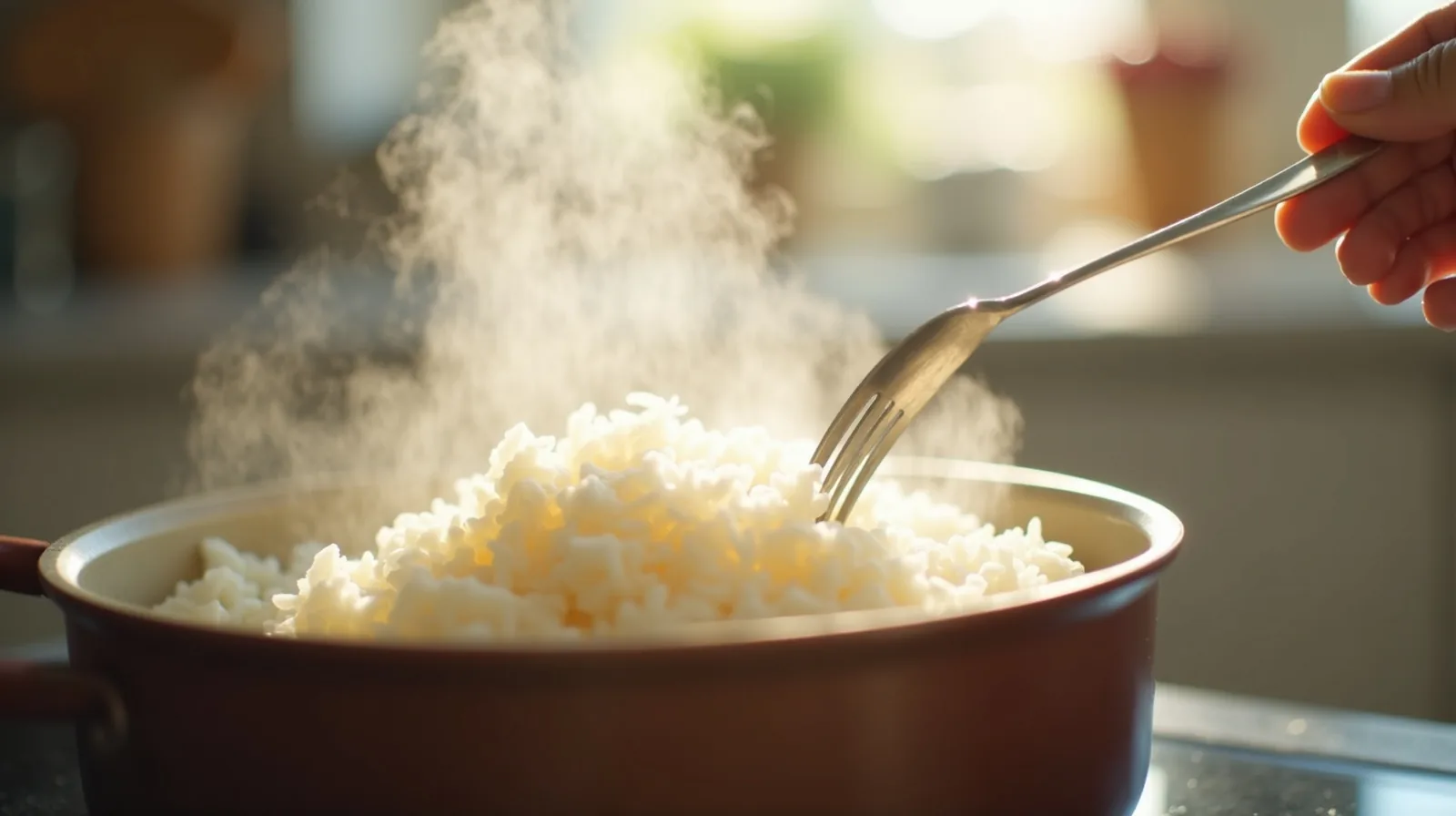 A close-up of a pot lid lifted off steaming fluffy white rice with a fork fluffing the grains