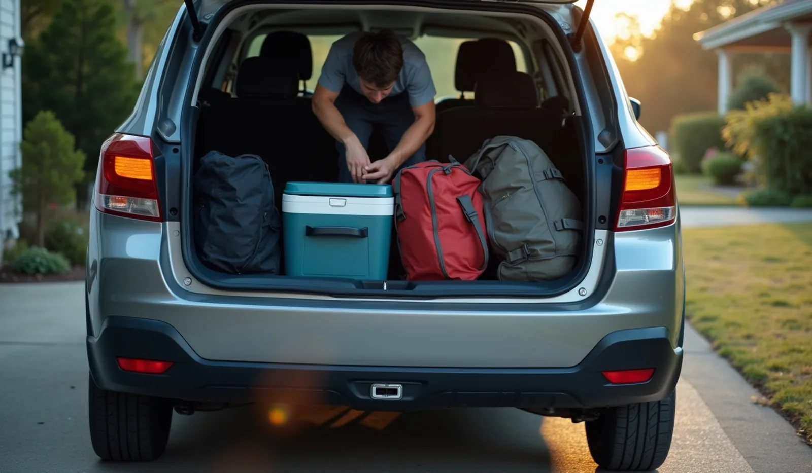 An open car trunk being packed with a cooler, bags, and an emergency kit before a trip