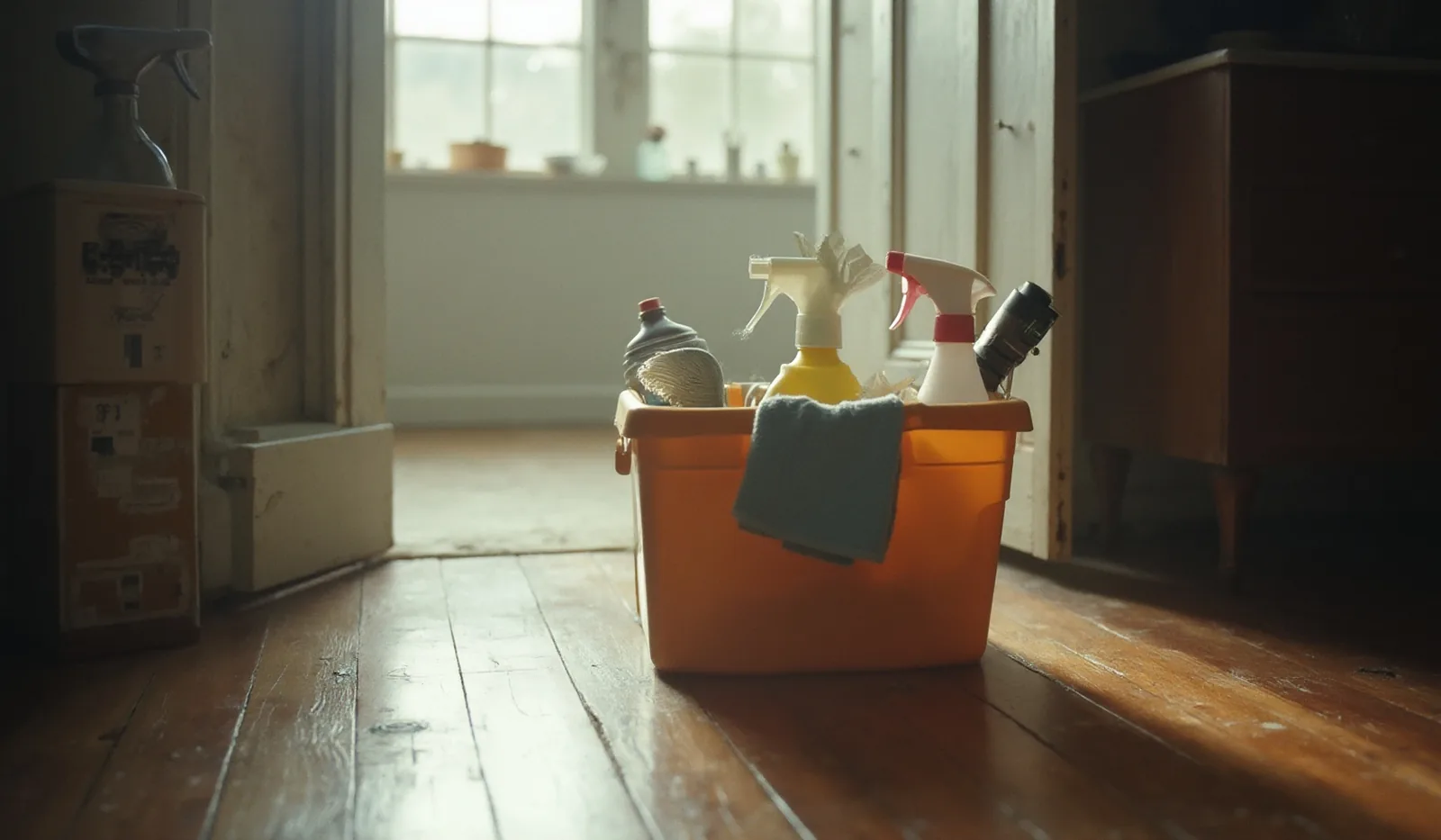 A cleaning caddy of supplies on a wood floor beside an open doorway into a sunlit room