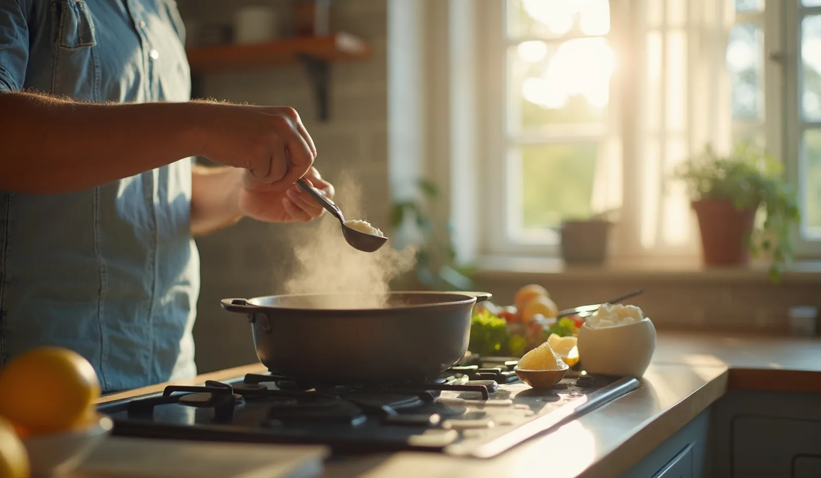 A candid phone snapshot of a hand tasting from a simmering pot with a small dish of yogurt and a cut lemon nearby