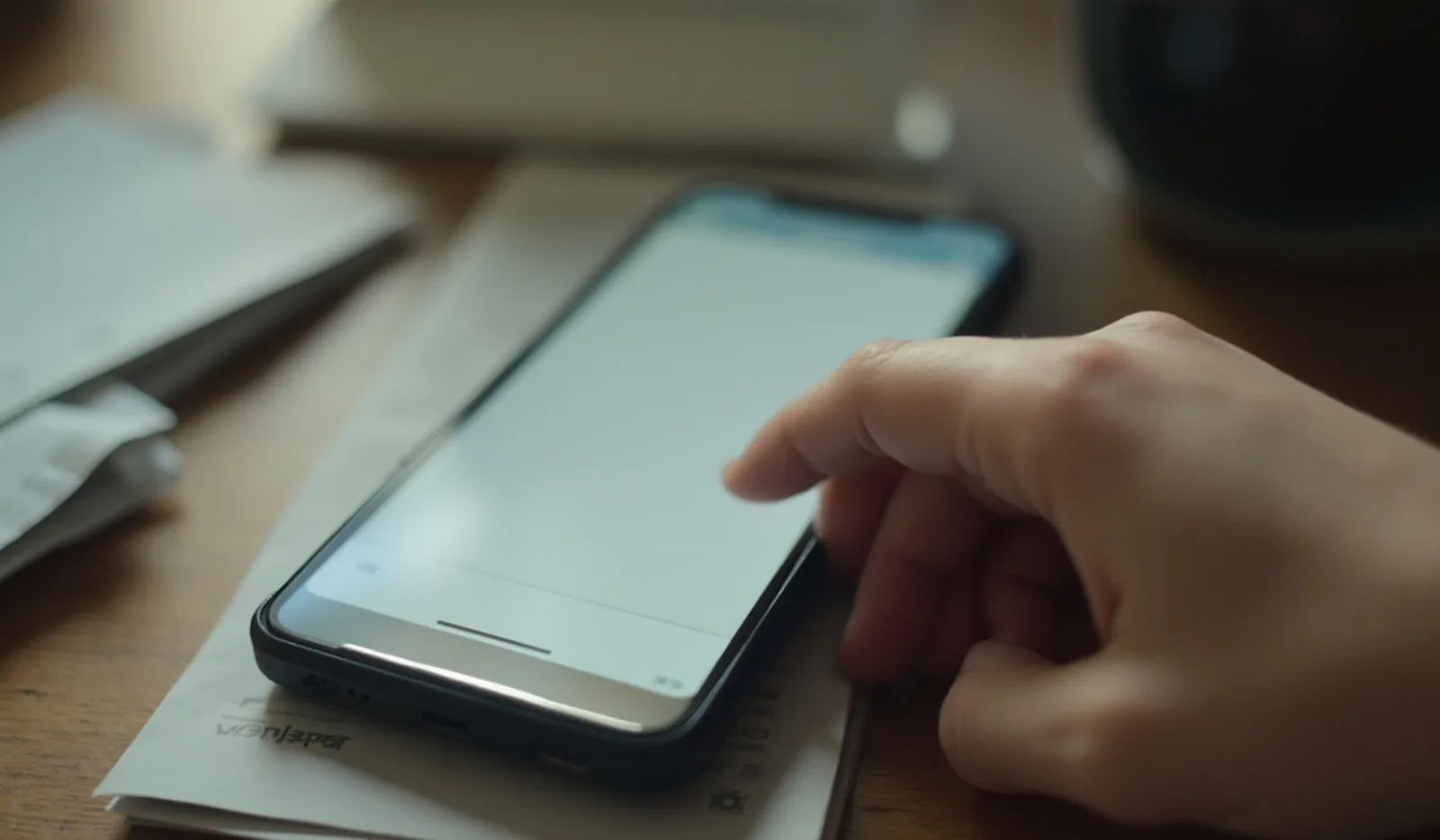A phone face-up on a table showing a message notification, a hand hovering over it warily