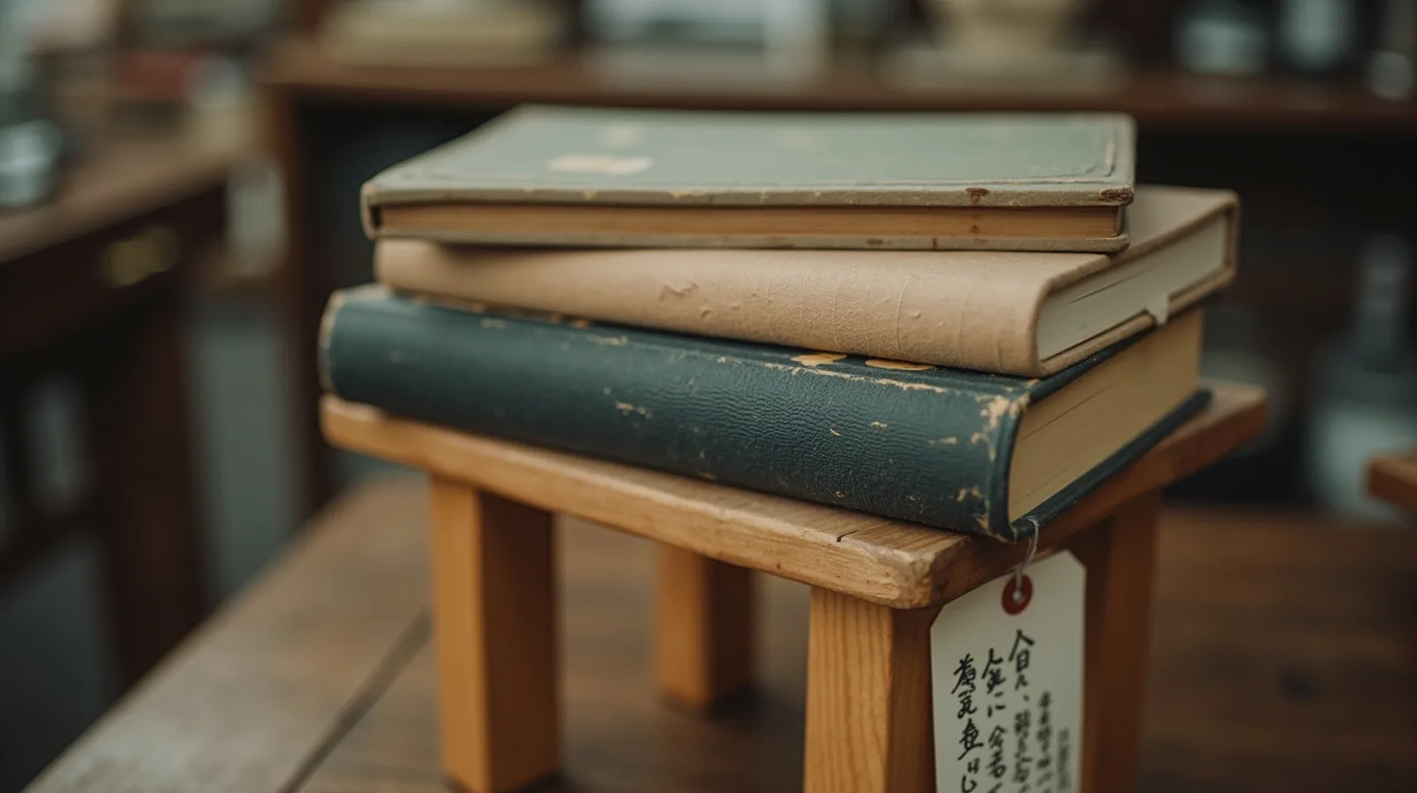 A close-up of a secondhand hardcover book and a small wooden stool with a price tag