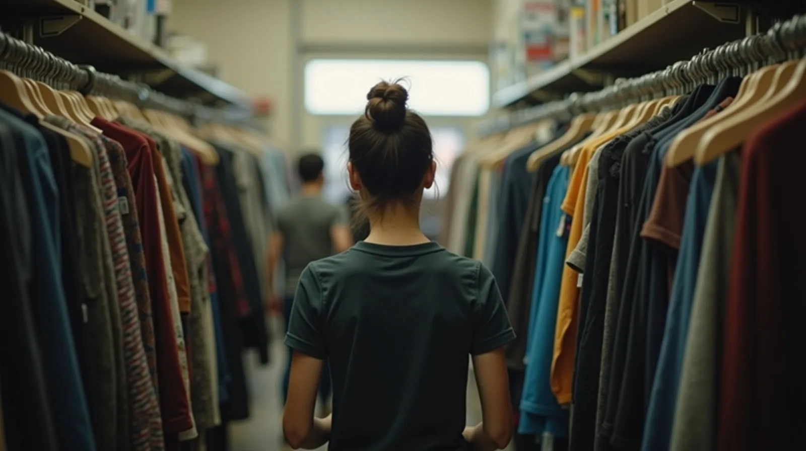 A person from behind browsing a rack of secondhand clothing in a thrift store