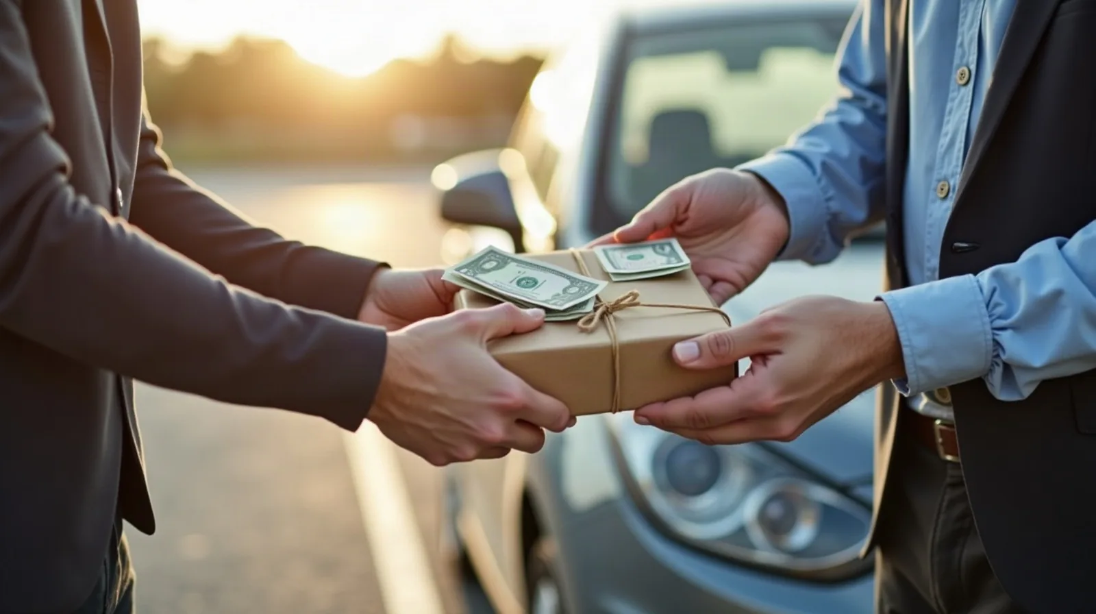 Two people exchanging a small item for folded cash beside parked cars in a sunlit parking lot, seen from behind and the side with faces not visible