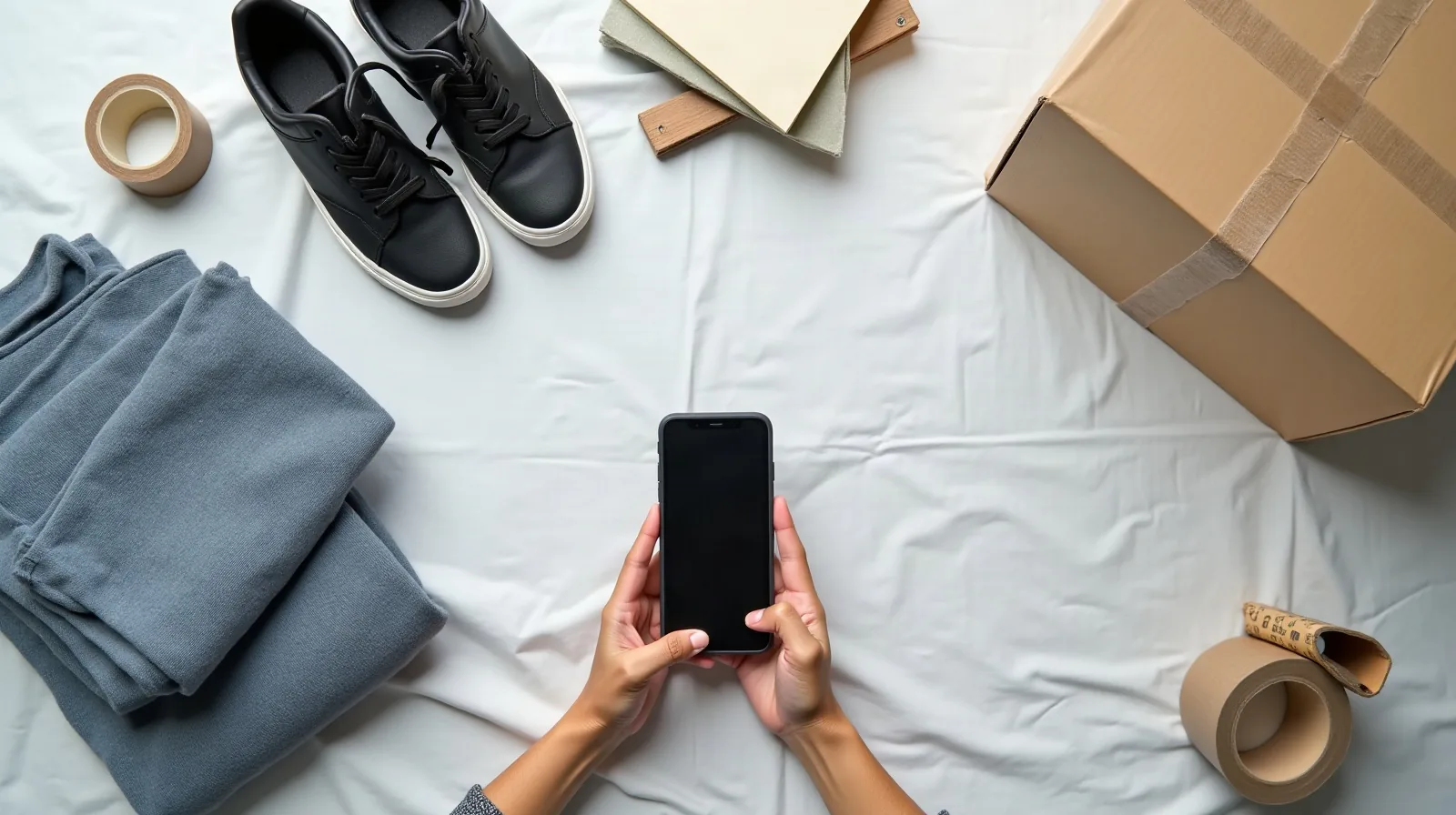A person's hands arranging a folded sweater, a pair of sneakers, and a small stack of books on a light cloth backdrop spread across a table, a phone resting screen-down beside a roll of packing tape and a flattened cardboard shipping box