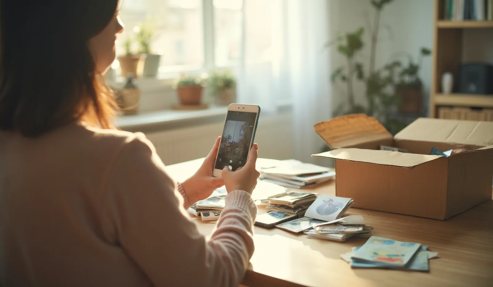 A person at a sunlit kitchen table sorting an old shoebox of photographs and cards, holding one photo up to a phone to photograph it before letting it go