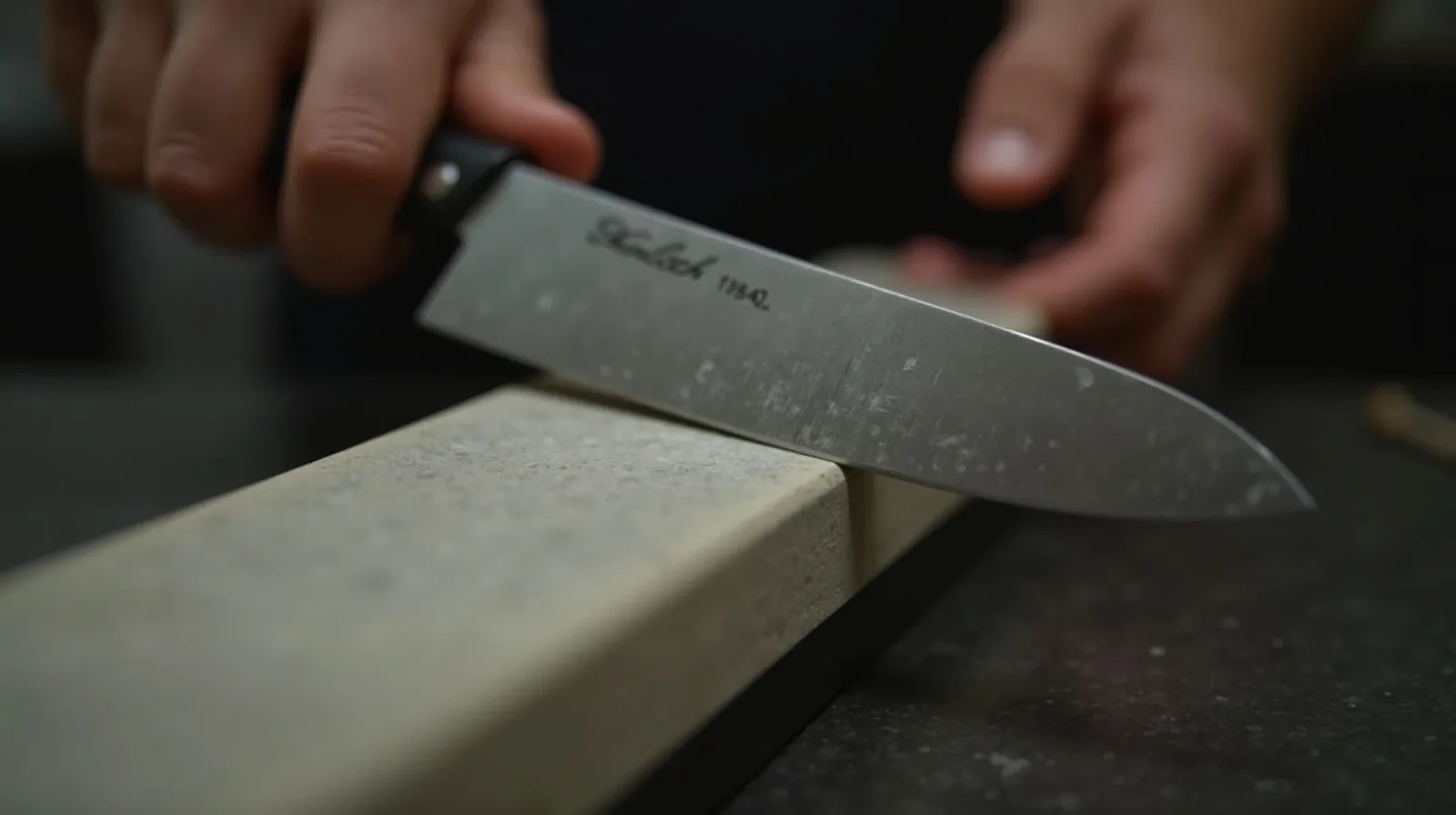 A close-up of a knife held at a low angle against a whetstone showing the bevel