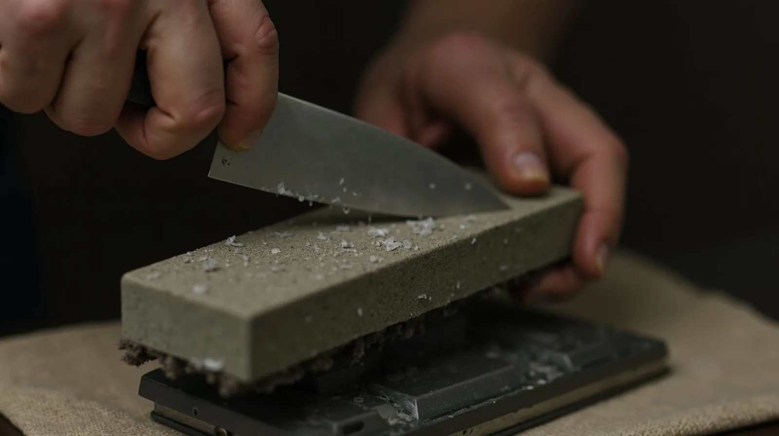 Hands drawing a kitchen knife across a water whetstone on a counter