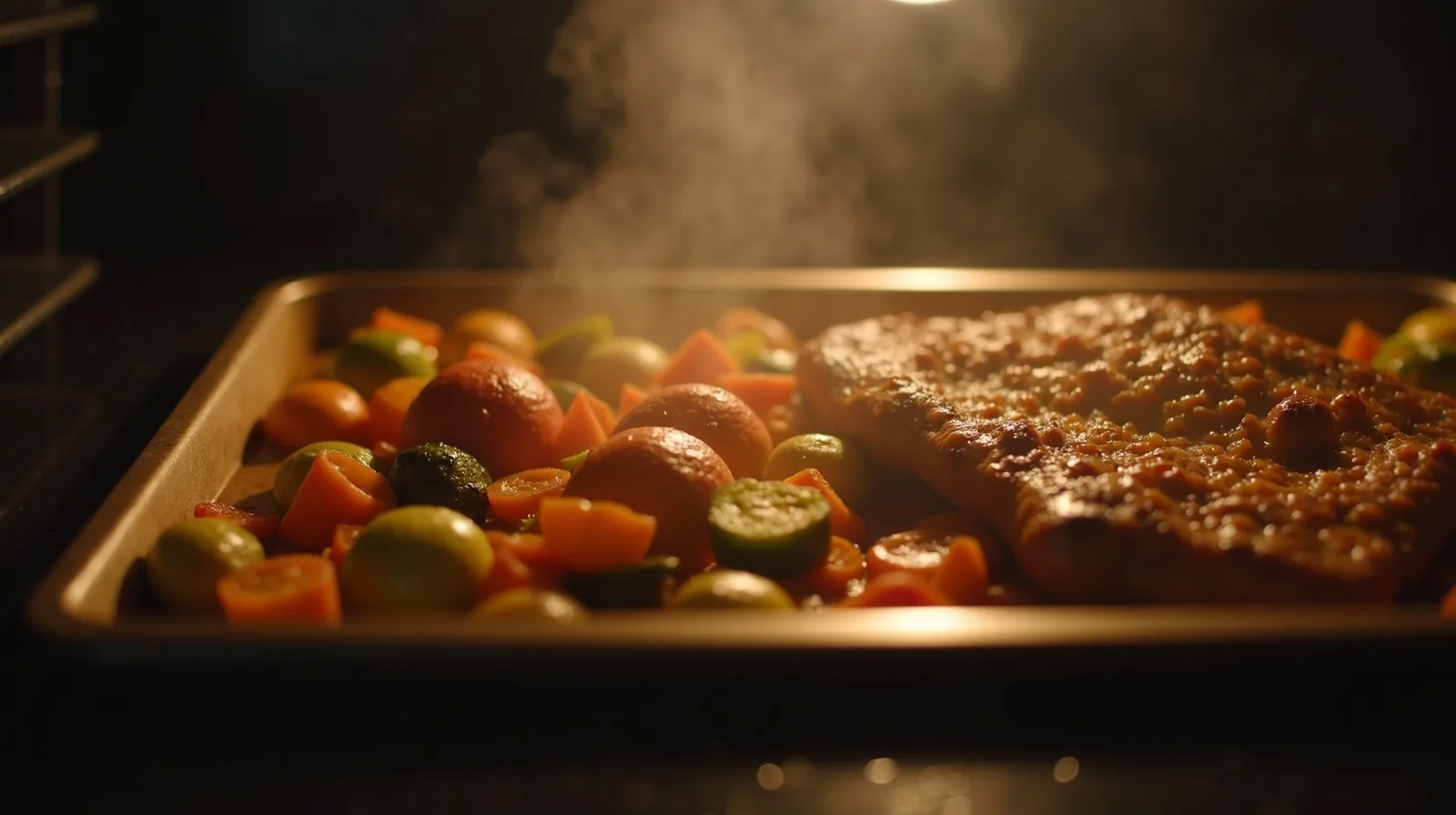 A close-up of a sheet pan of roasted vegetables and a protein, browned and glistening