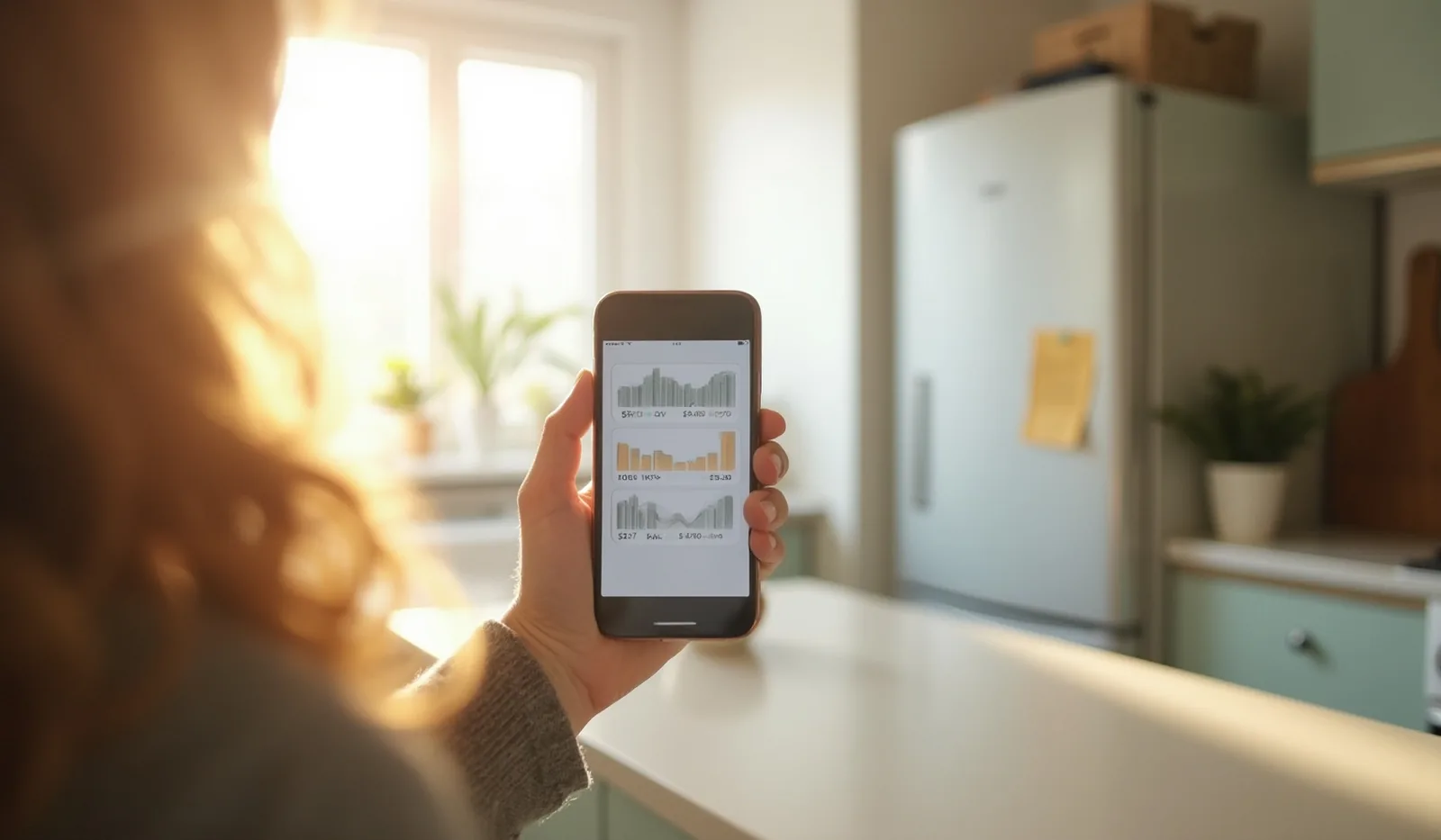 An over-the-shoulder photo of someone at a bright kitchen island checking a banking app with several labeled savings buckets on their phone, a handwritten list taped to the fridge softly out of focus behind them