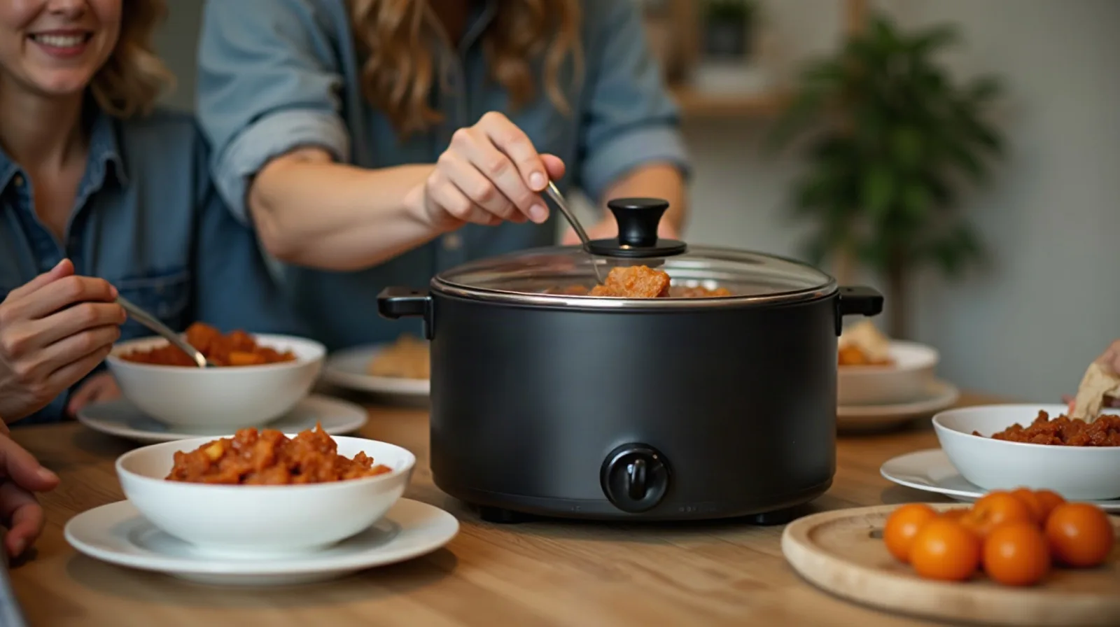 A person setting a large oval slow cooker onto a sunlit kitchen counter in the early morning, layering a seasoned pot roast, chunked carrots, and onions into the ceramic insert before heading out the door, a grocery bag and cutting board pushed to the side