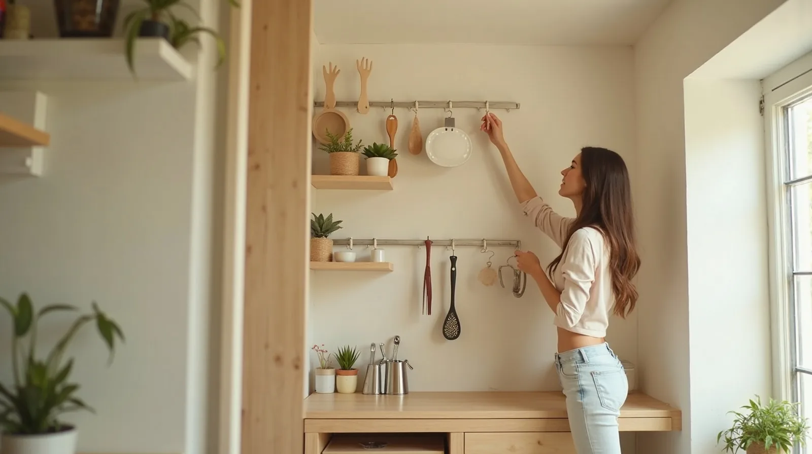 A bright small-apartment corner using vertical space with tall open shelving and an over-door hanging organizer, with a person reaching up to a high shelf