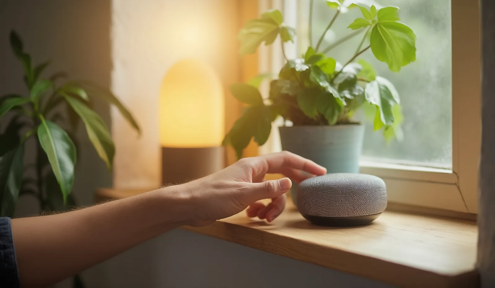 A hand tapping a small smart speaker on a bright wooden shelf beside a leafy plant with a smart lamp glowing nearby