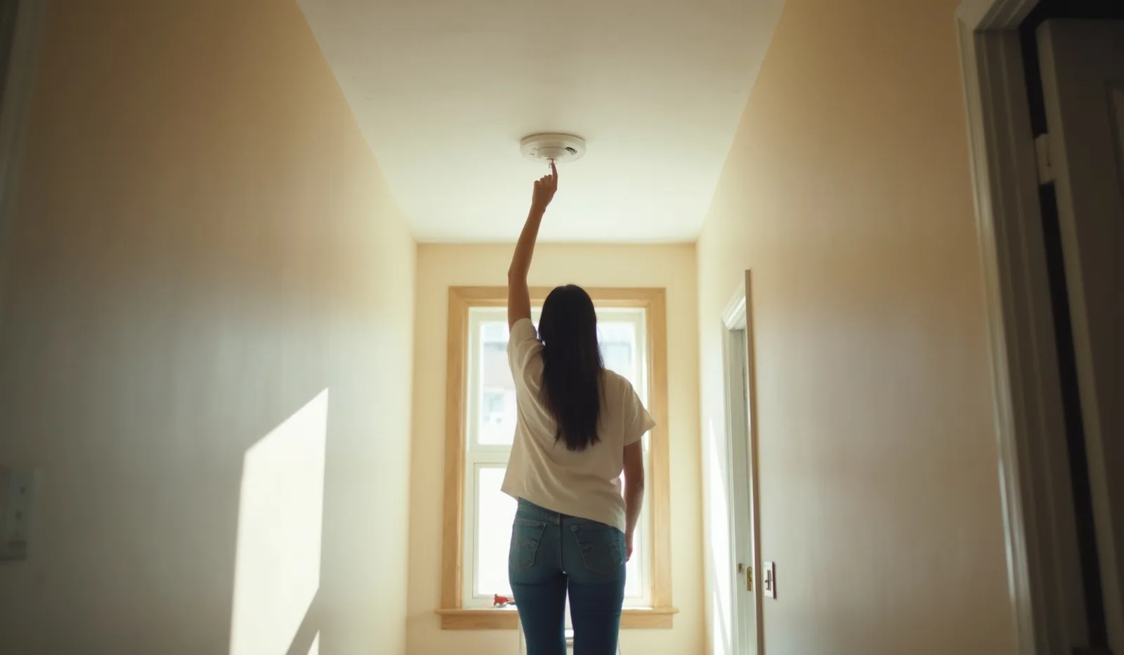 A person on a step stool in a hallway reaching up to press the test button on a ceiling-mounted smoke detector, seen from behind in bright morning light