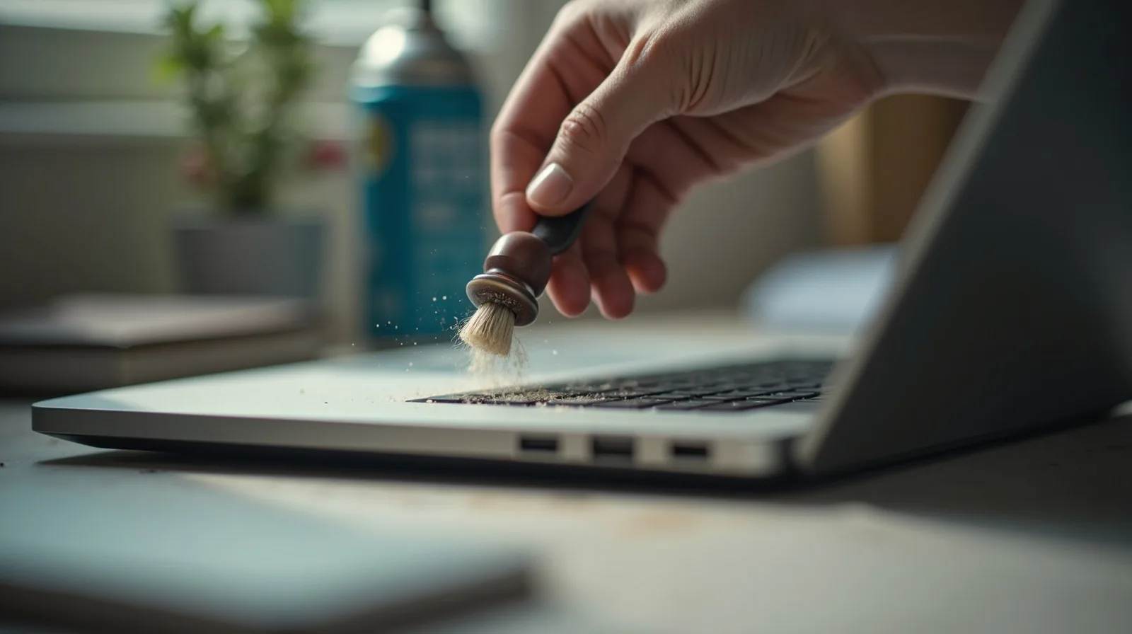 A close-up of a small brush and compressed air clearing dust from a laptop vent