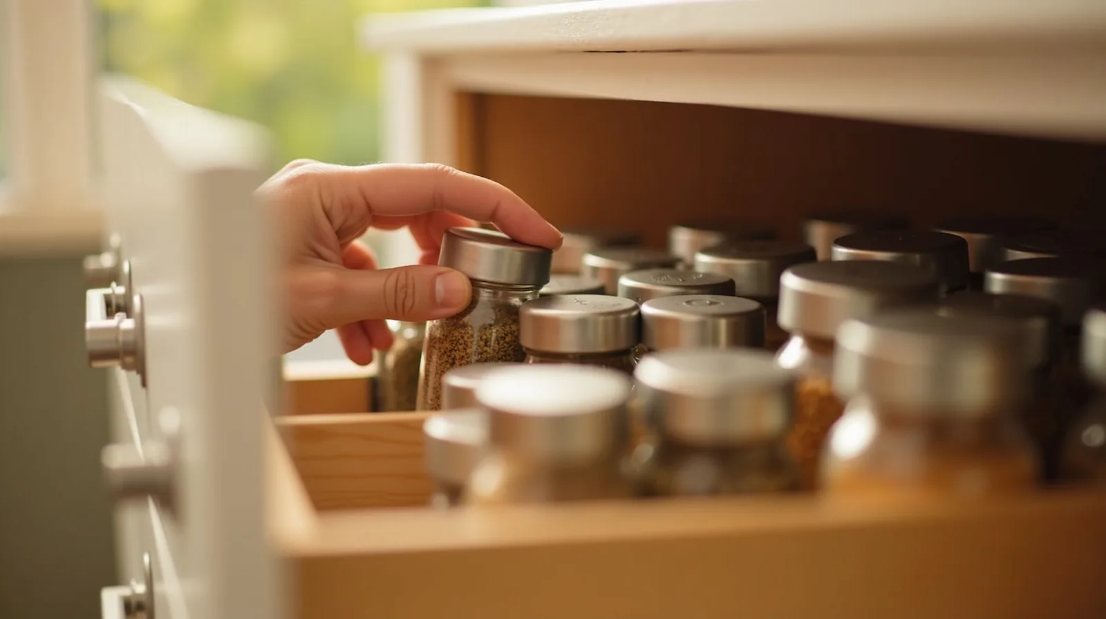 A hand lifting one small glass spice jar from a tidy pull-out drawer of upright spice jars