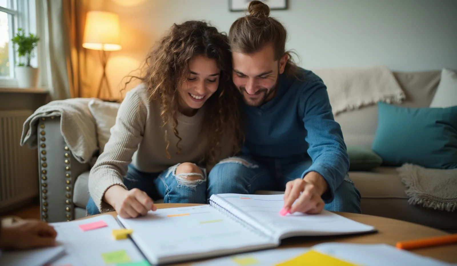 Two people sitting together on a couch from behind, looking down at an open spiral budget planner and color-coded sticky notes spread on the coffee table in front of them, warm evening light