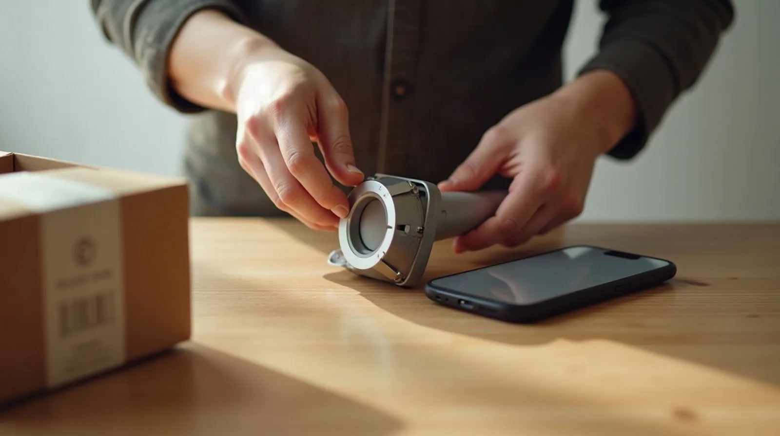 A close-up of two hands turning a small kitchen gadget over to inspect it, a phone held loosely with its screen face-down on the table, the product's shipping box and packing material pushed to one side