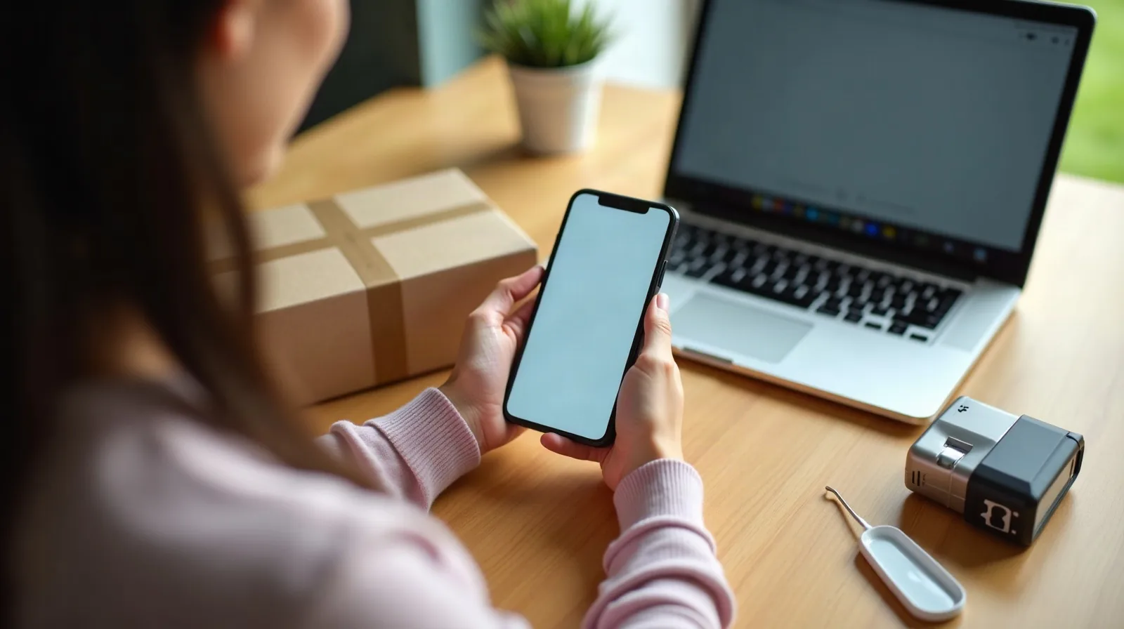 A person at a kitchen table seen from over the shoulder, checking a phone held at an angle beside an open laptop with a dimmed screen and a just-opened small shipping box sitting on the table