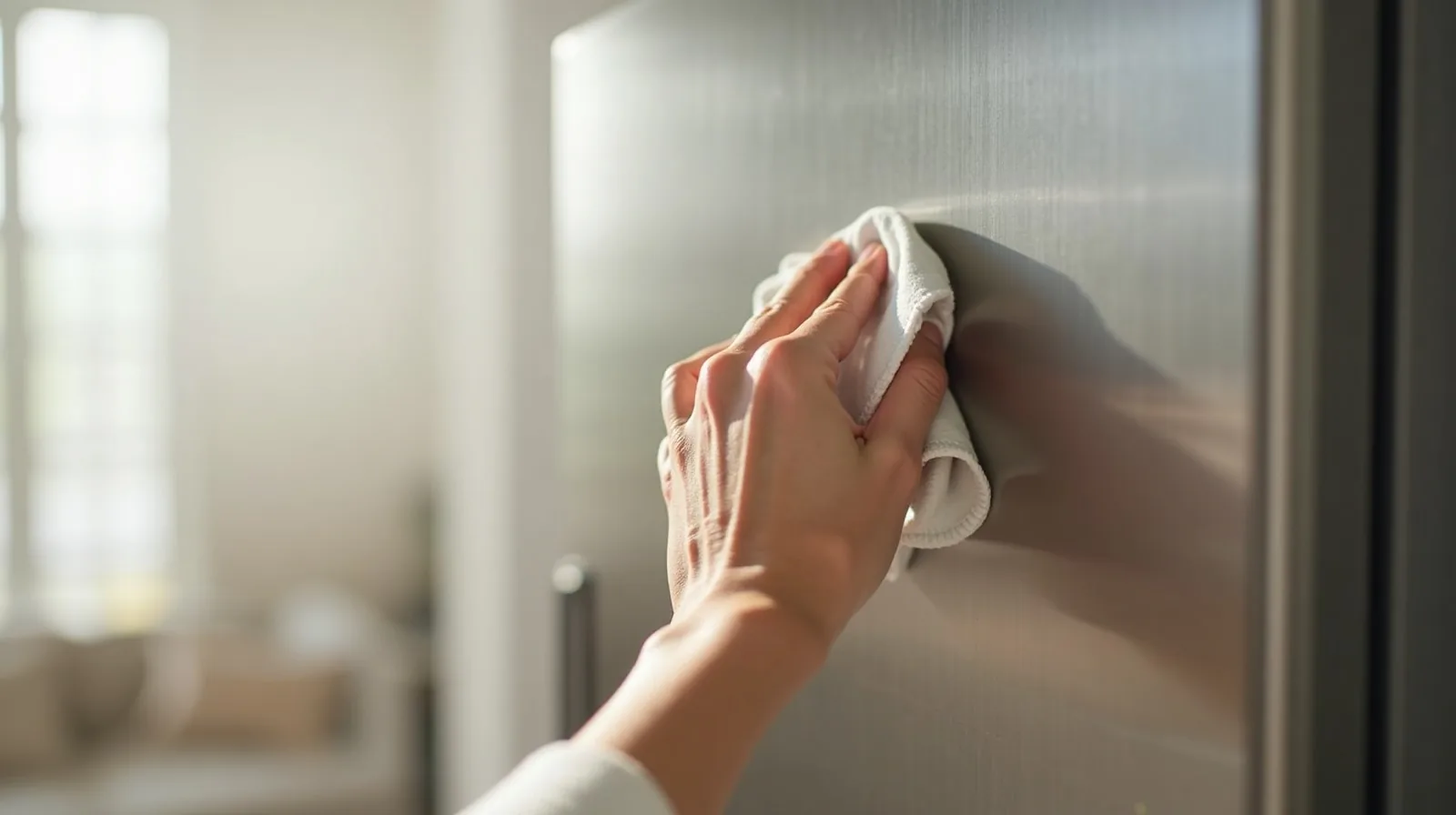 A close-up of a hand buffing a stainless steel refrigerator door to a clean, streak-free finish with a soft cloth