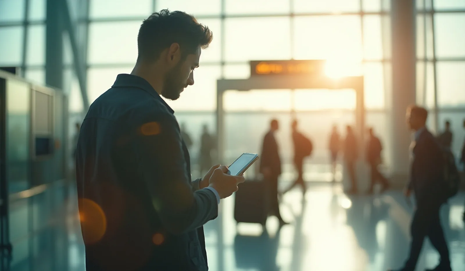 A traveler in profile checking a phone glowing in their hand in a bright airport arrivals hall, a rolling suitcase parked beside them and other travelers softly blurred behind tall windows