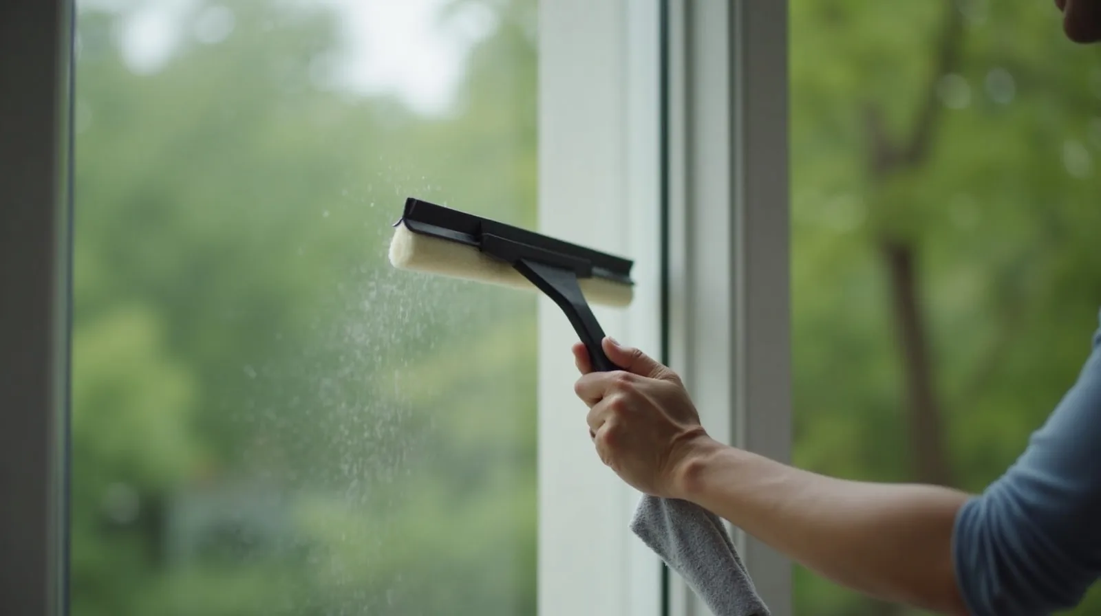 A hand drawing a squeegee down a sunlit window, a clean stripe left behind
