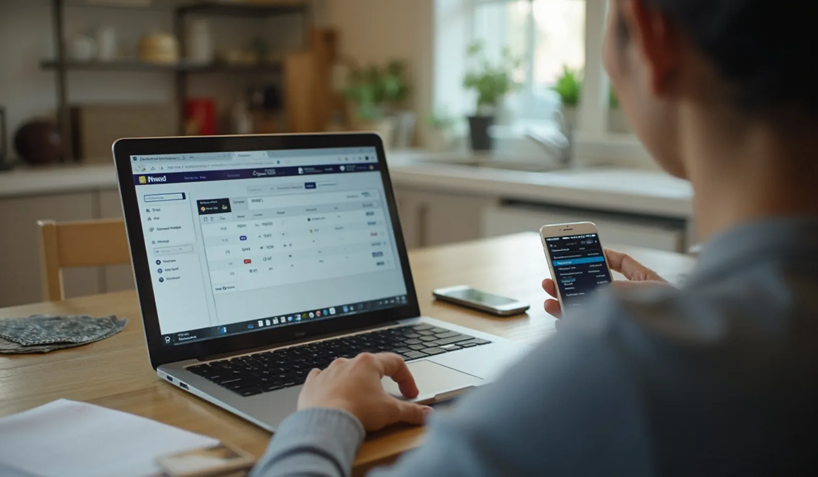 A candid photo of someone reviewing a bank statement on a laptop with a phone beside
