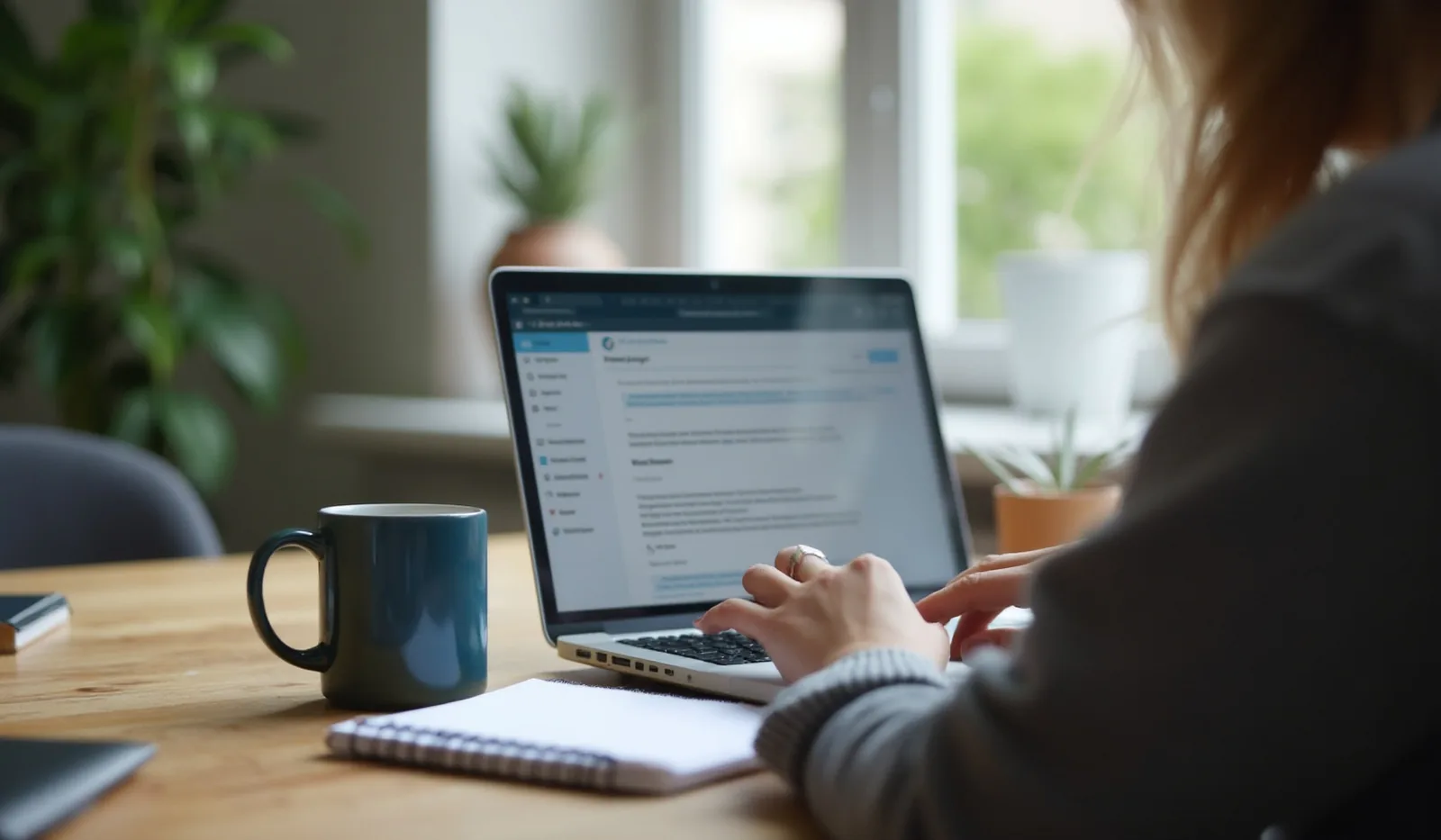 A candid photo of someone working through email on a laptop at a tidy desk with coffee