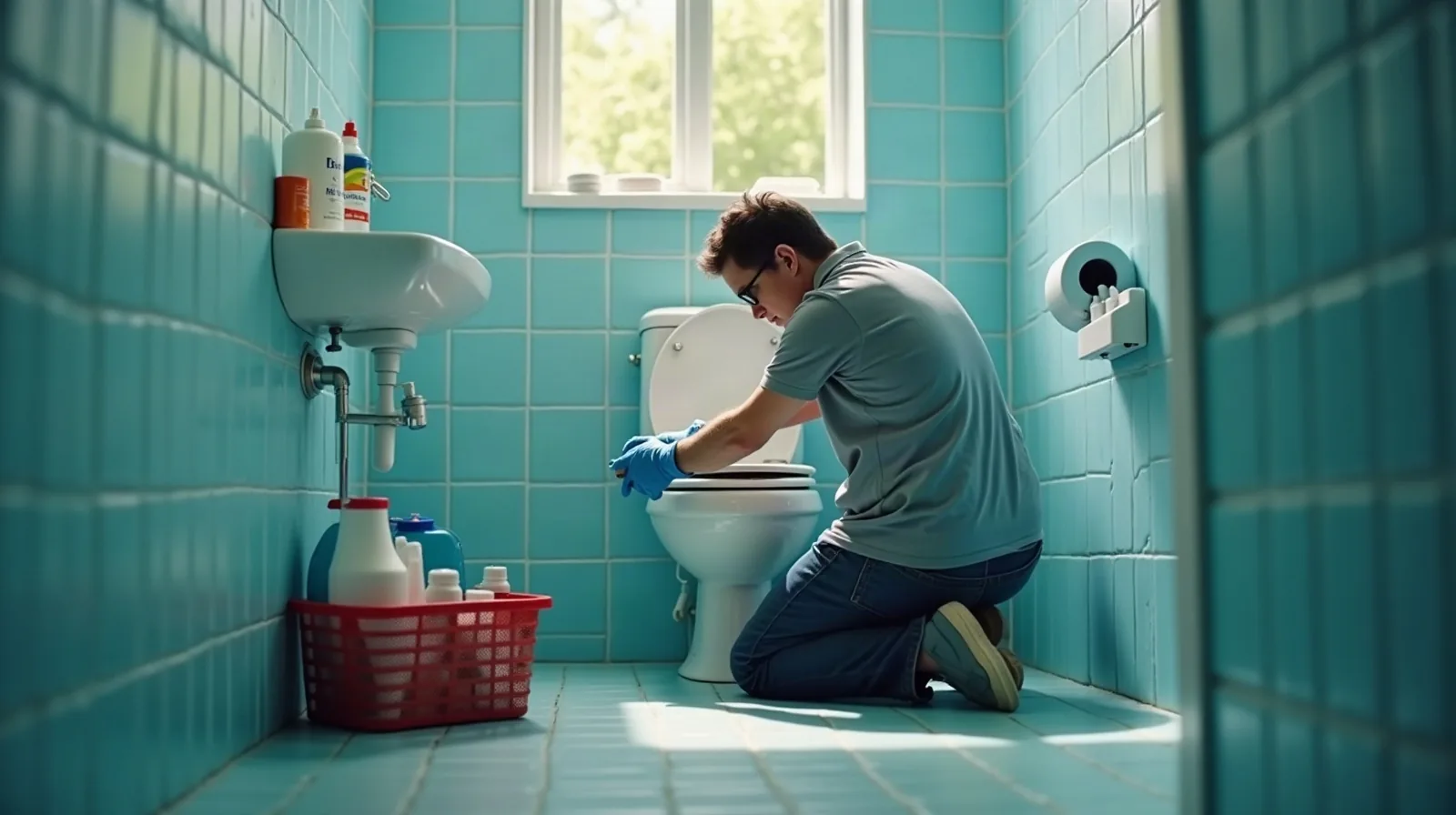 A person kneeling in profile at a sunlit bathroom, cropped from the shoulders down, holding an angled rim brush partly tucked under the toilet bowl rim, a spray bottle and folded microfiber cloth resting on the closed lid, morning light through a frosted window