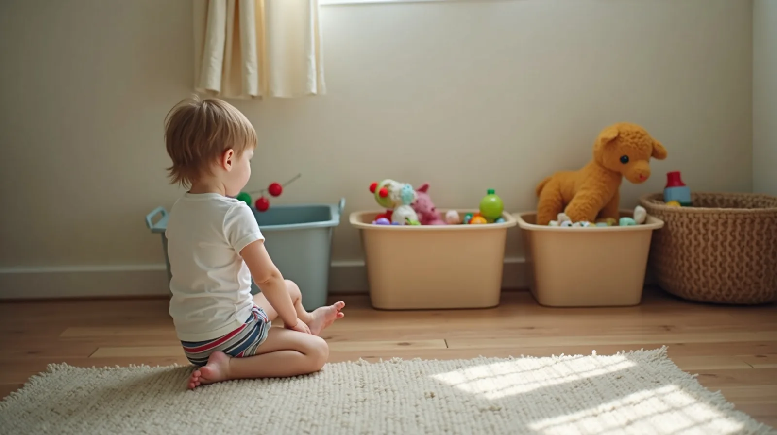 A tidy child's play corner with a few toys in low open bins within easy reach