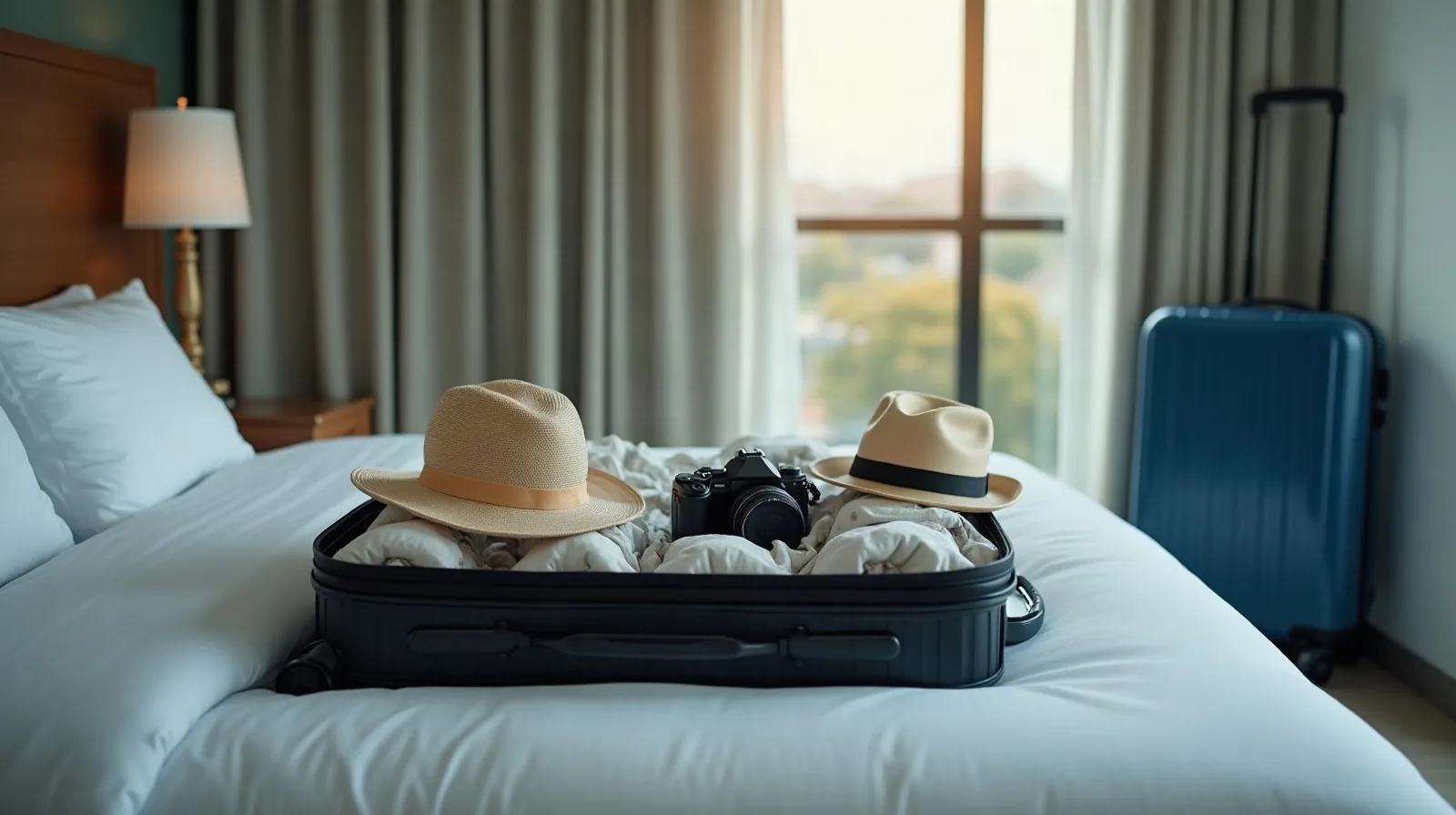 A packed suitcase open on a hotel bed