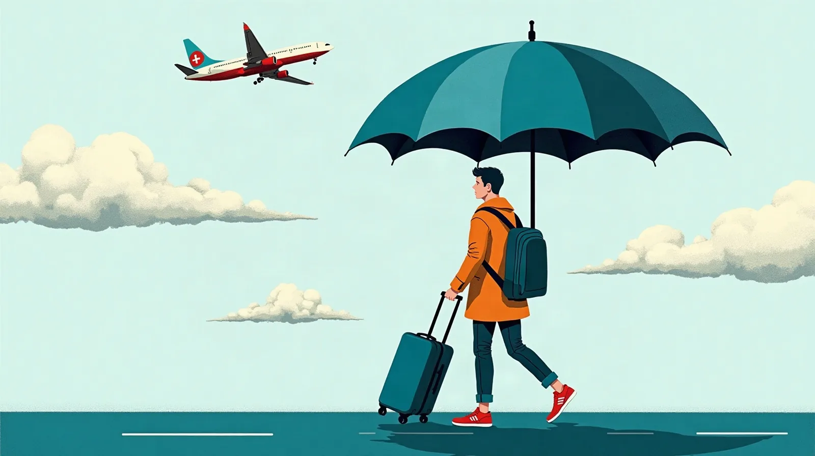 A phone held in two hands showing a generic travel-insurance confirmation screen, resting on a bright living-room coffee table beside a passport and a paper boarding pass, a half-packed suitcase softly blurred in the background