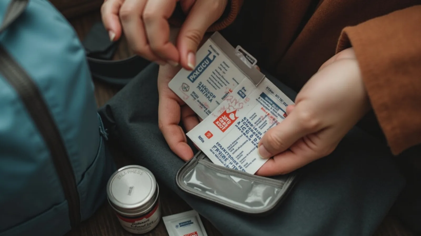 A close-up of hands packing bandages and pill packets into a compact travel pouch
