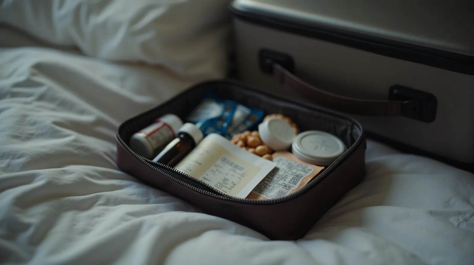 A close-up of a small travel medicine pouch open on a bed, showing organized supplies
