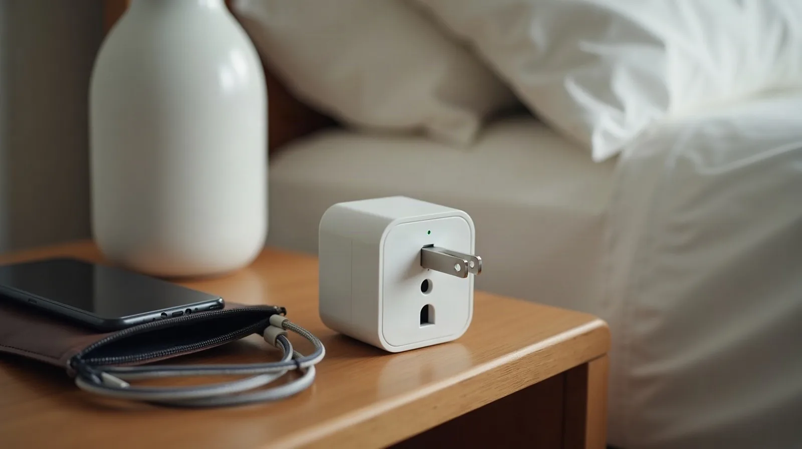 A universal travel adapter plugged into a bedroom wall outlet, a phone charging cable coiling across a wooden desk toward a half-packed open suitcase softly blurred in the background, warm evening lamp light