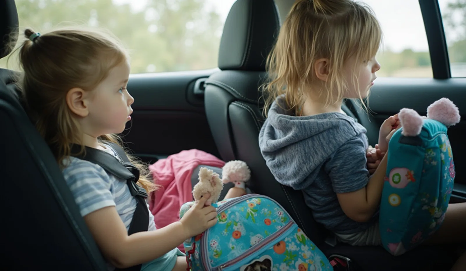 A candid photo of kids buckled in the back seat of a car with activity bags on a trip