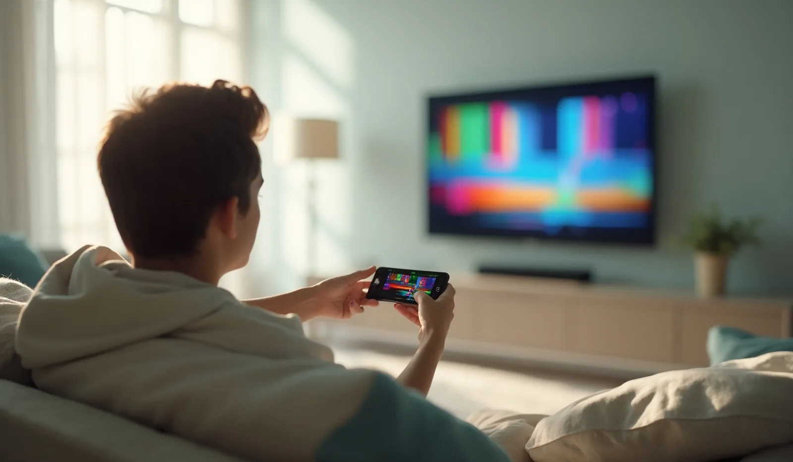 A person seen from behind on a couch pointing a remote at a wall-mounted TV showing colorful abstract calibration bars