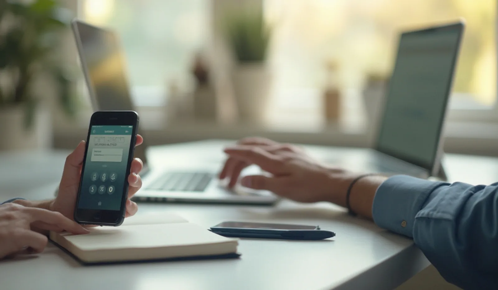 An over-the-shoulder view of hands typing a verification code into a laptop login screen at a bright home-office desk, a smartphone held below showing a generic authenticator app screen, morning light