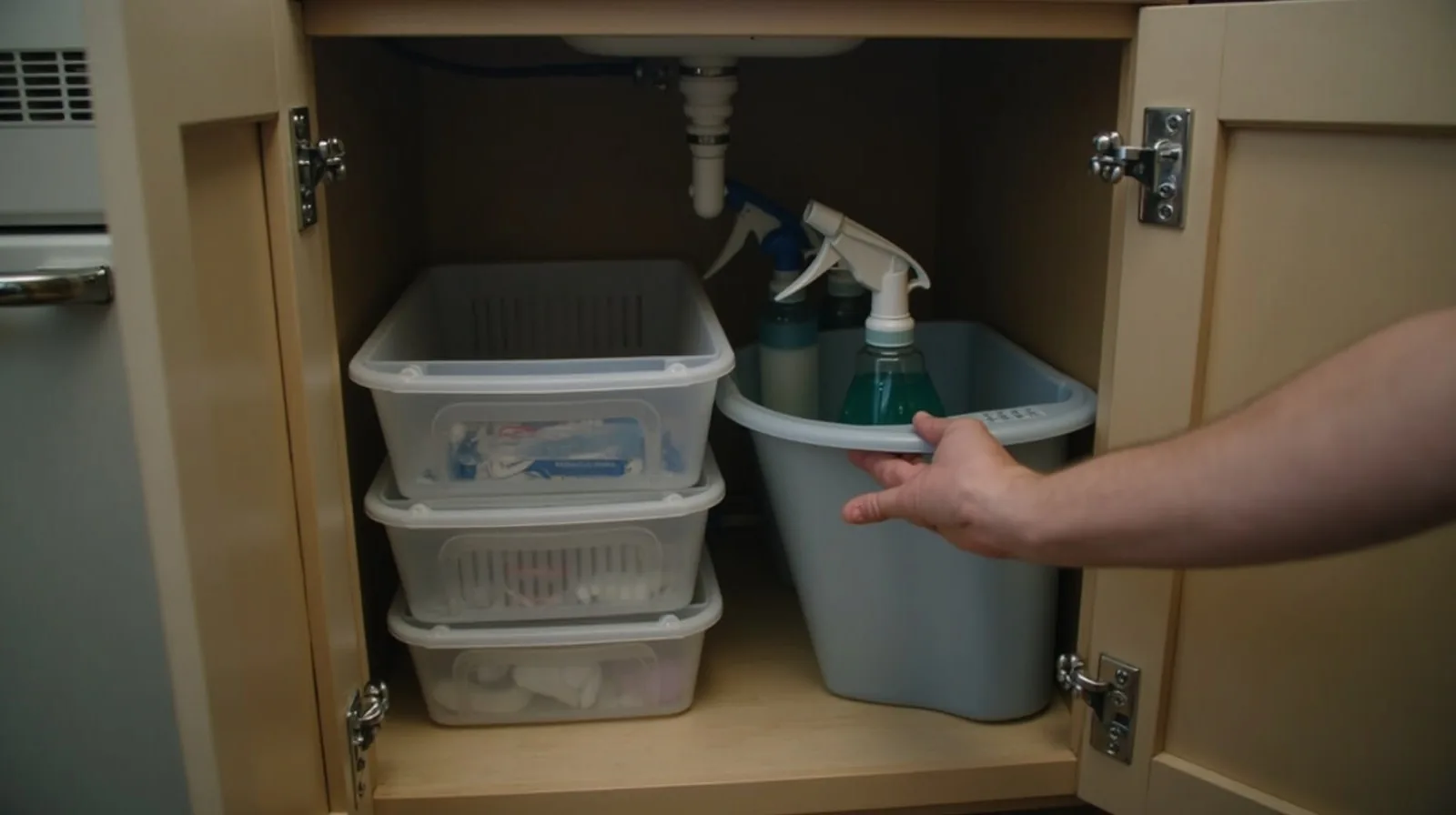 An open under-sink cabinet organized with stacking bins and a tension rod around the pipe, a hand placing a bin
