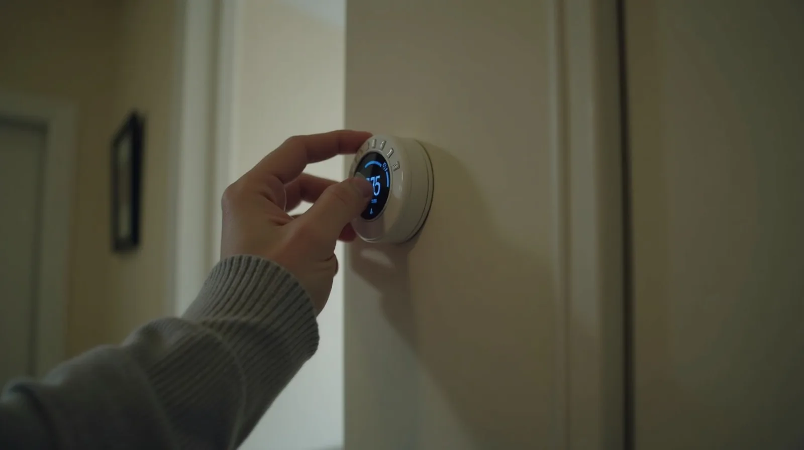 A hand adjusting a wall thermostat in a hallway