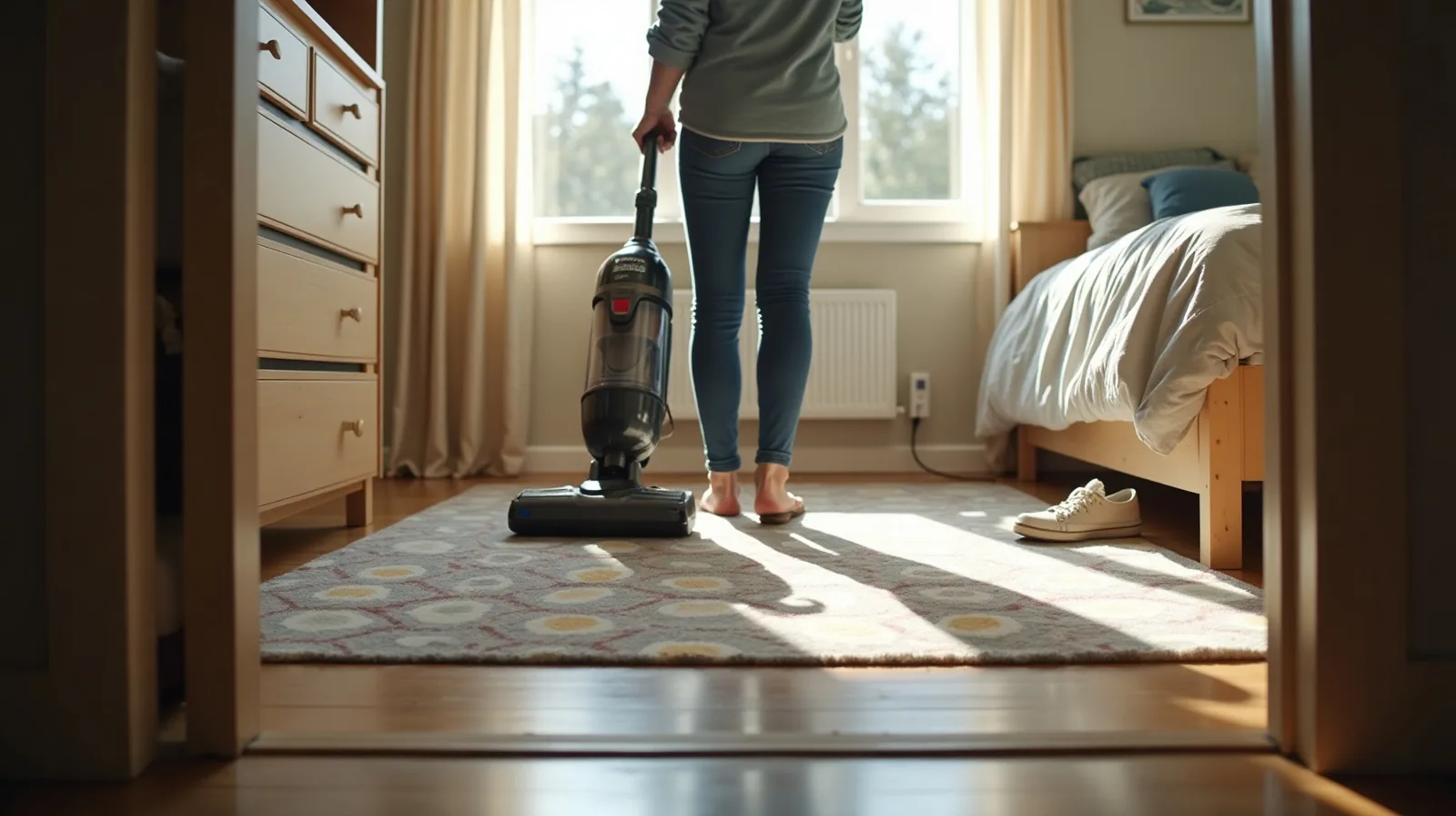 A person seen from behind pushing an upright vacuum across a patterned area rug in a bright, sun-filled bedroom, morning window light